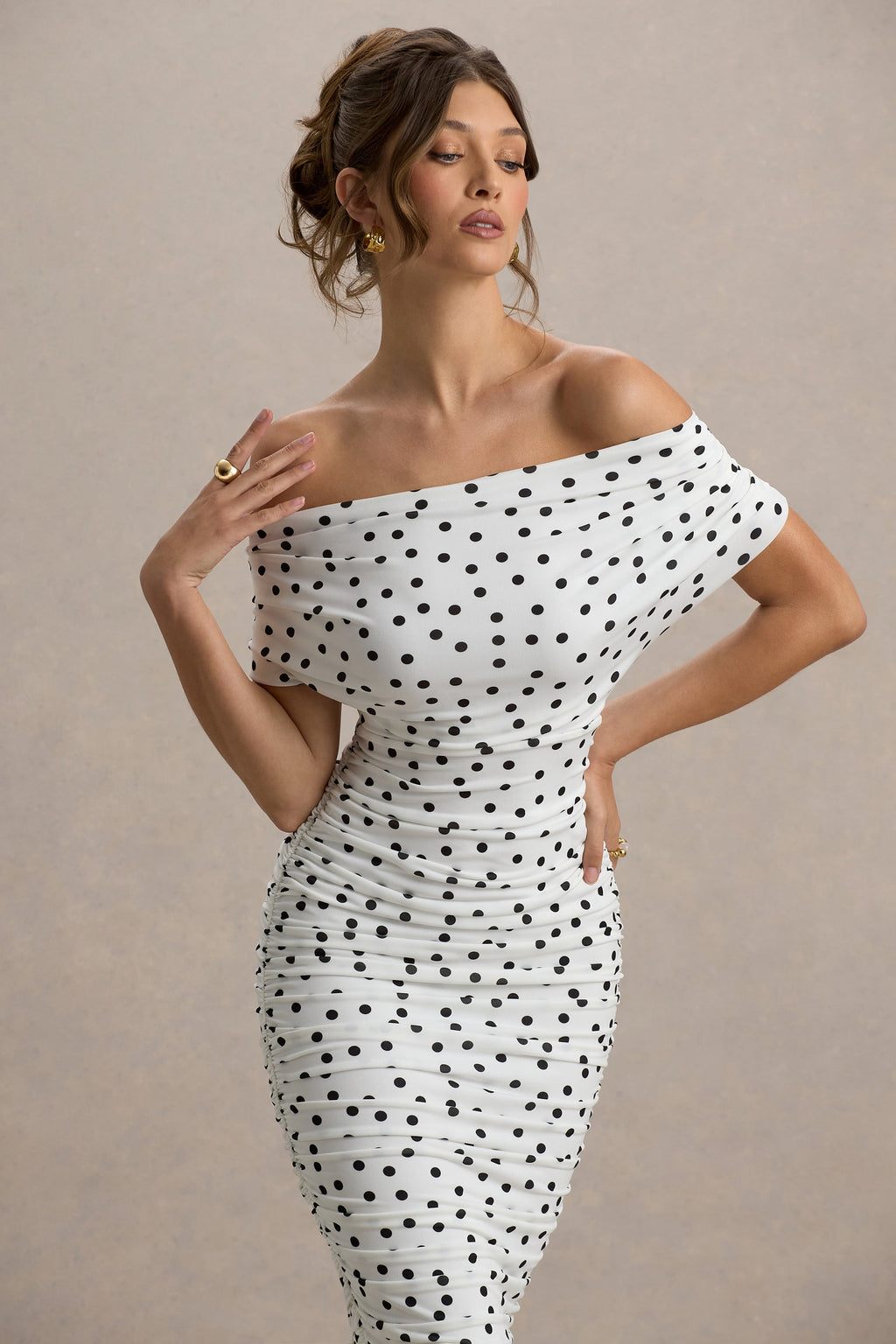 Rayleigh | Polka Dot Bardot Ruched Midi Dress