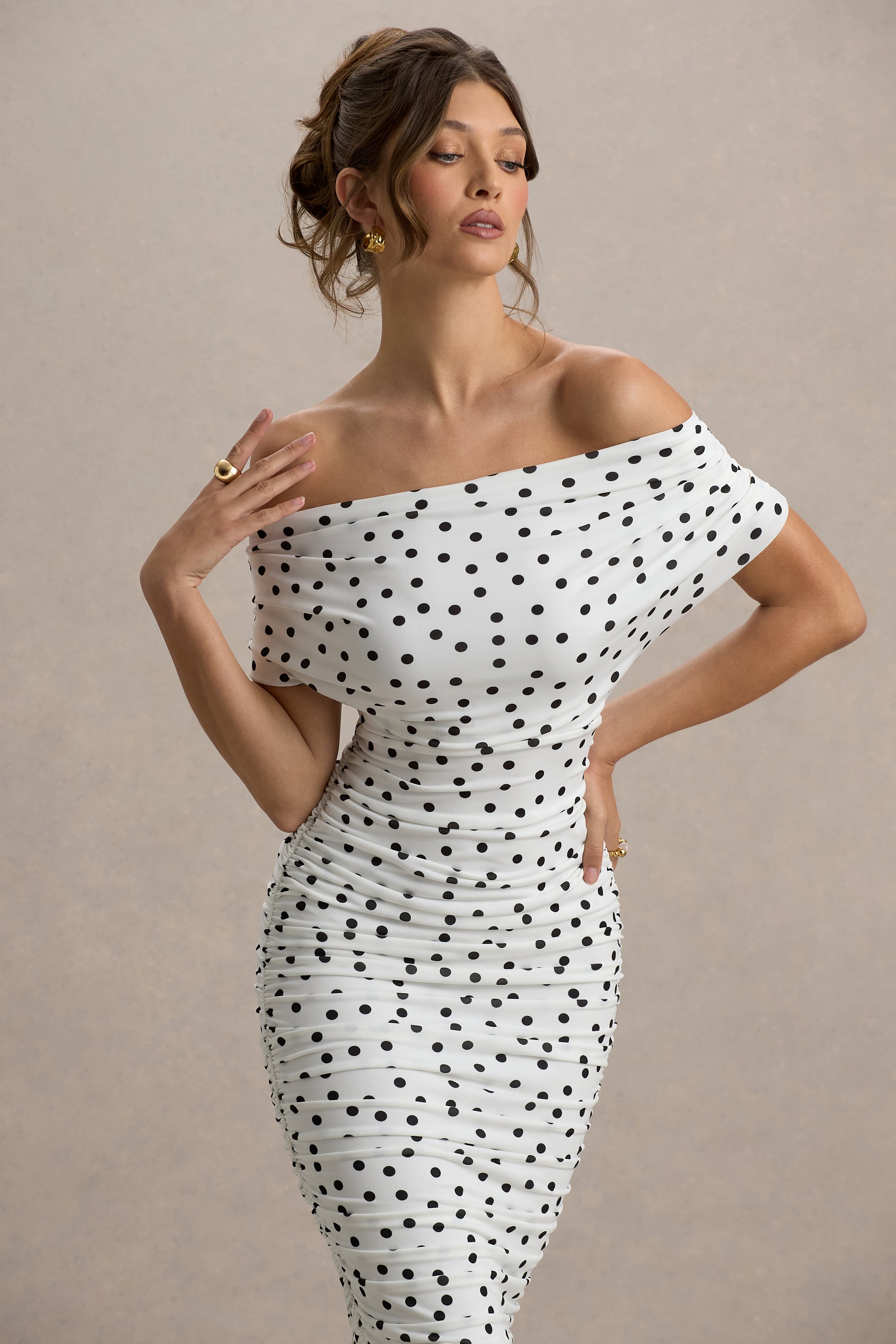 Rayleigh | Polka Dot Bardot Ruched Midi Dress
