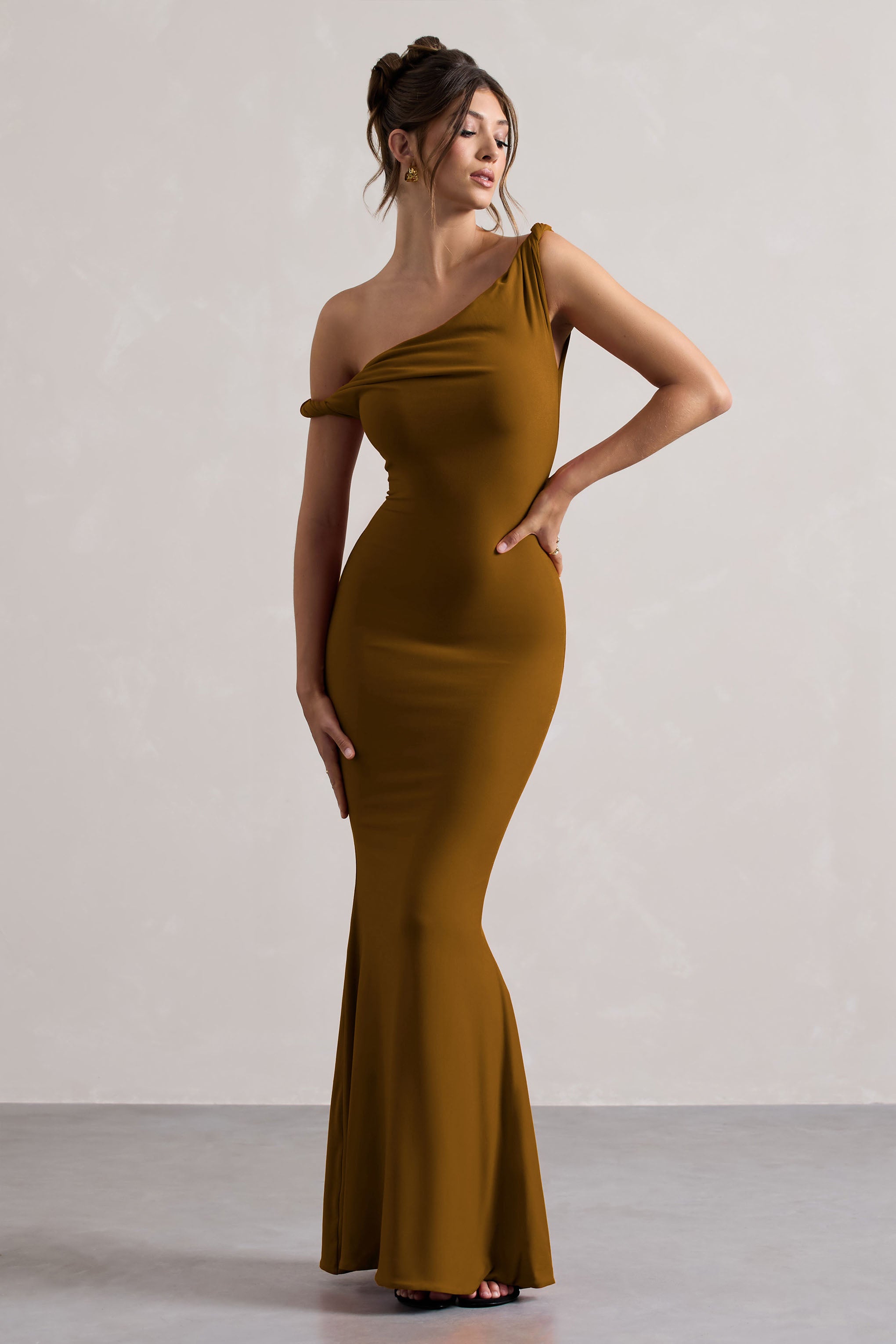 Lita | Golden Brown Twisted Asymmetric Maxi Dress