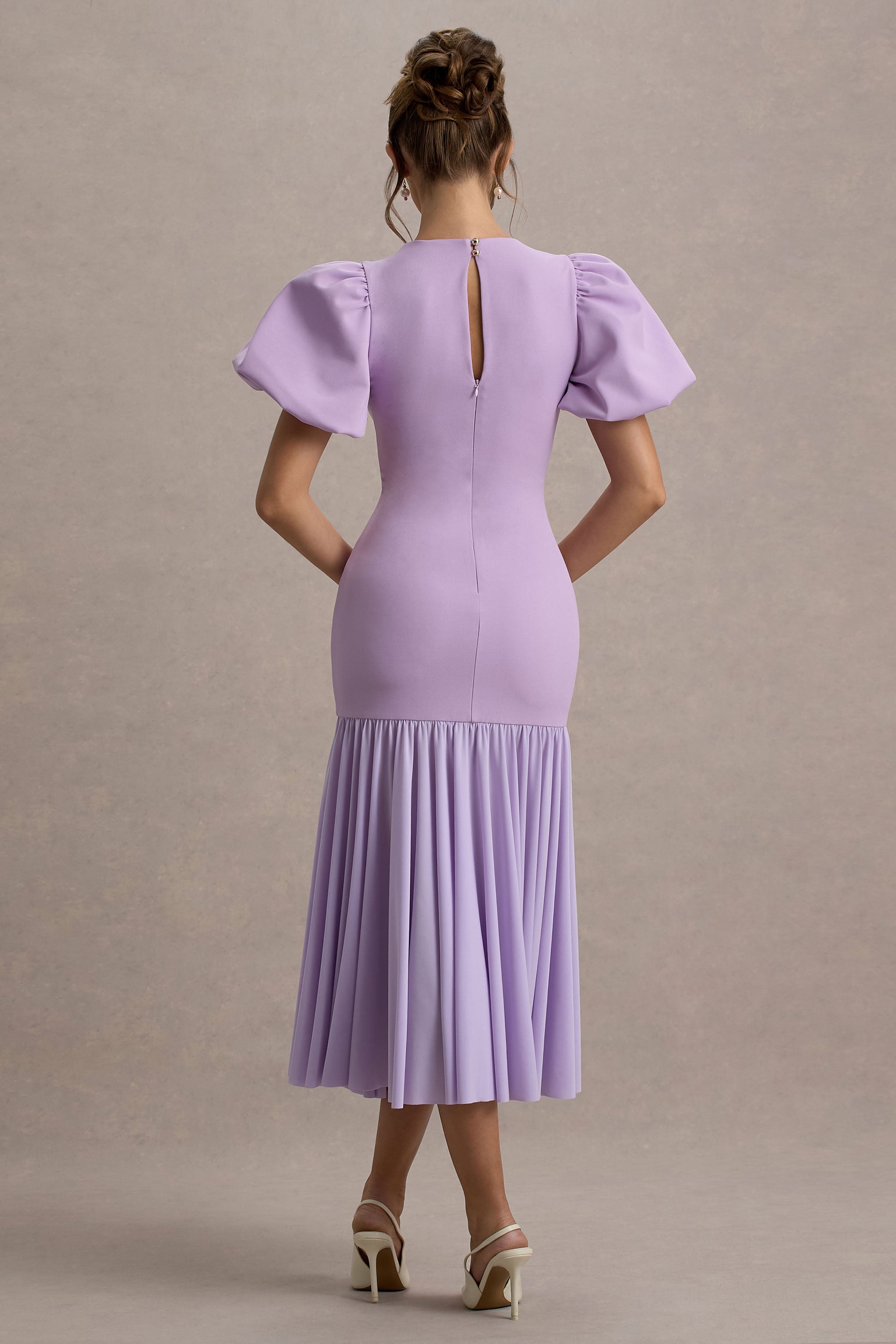 Cinzia | Lilac Puff-Sleeve Volume-Hem Midi Dress