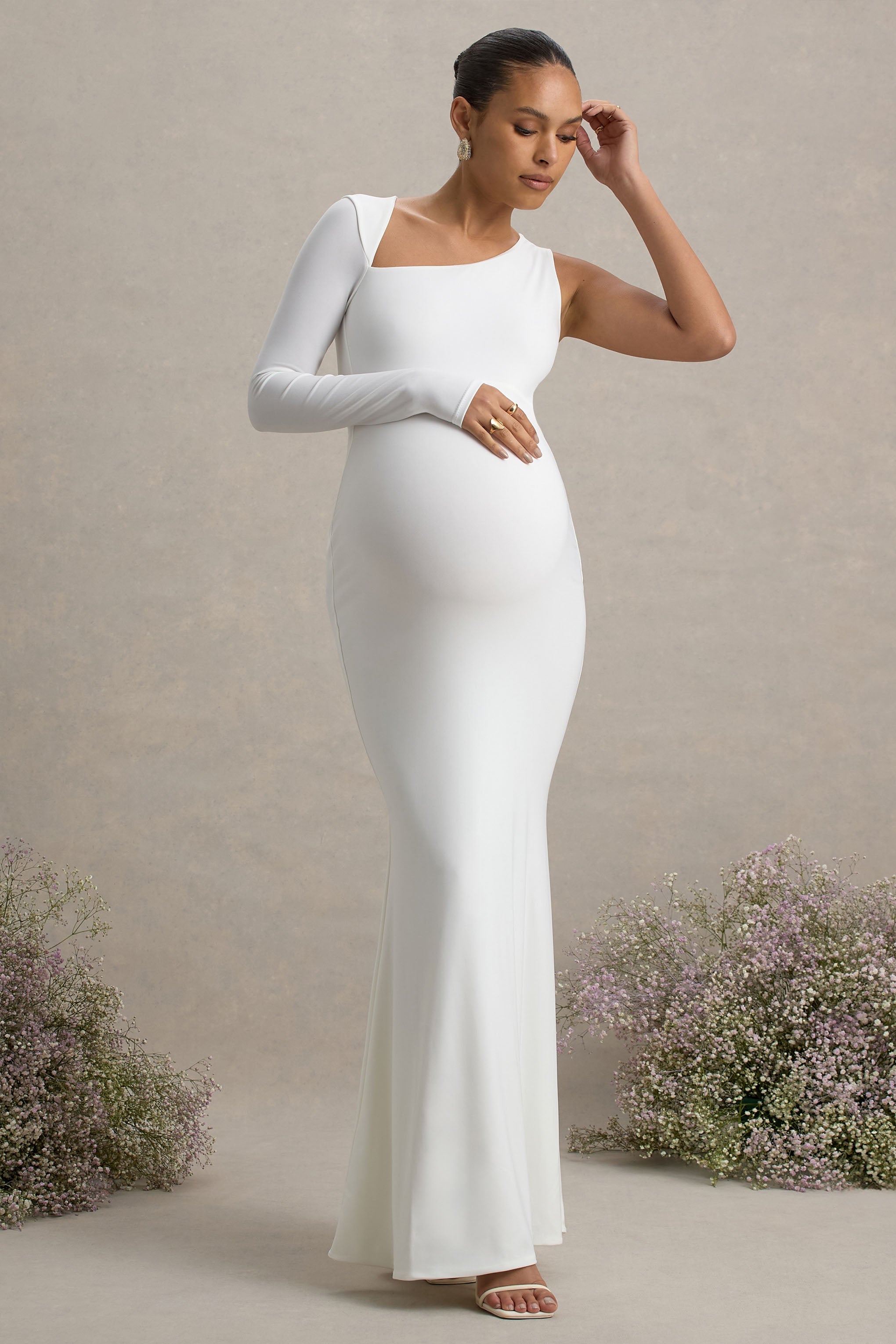 Oh Baby | White Maternity One Shoulder Bodycon Maxi Dress