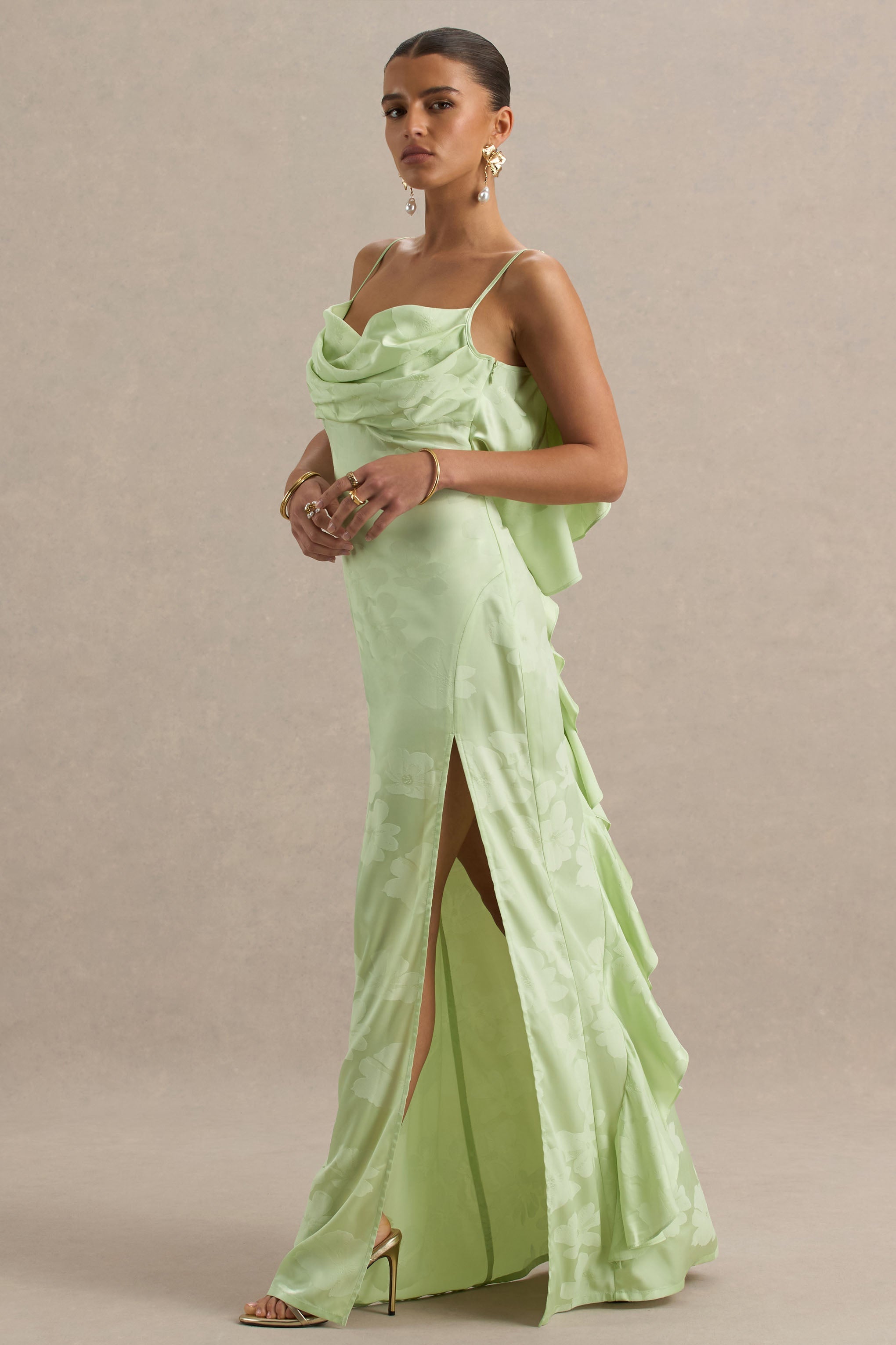 Maddie | Light Green Floral Print Satin Cowl-Neck Maxi Dress