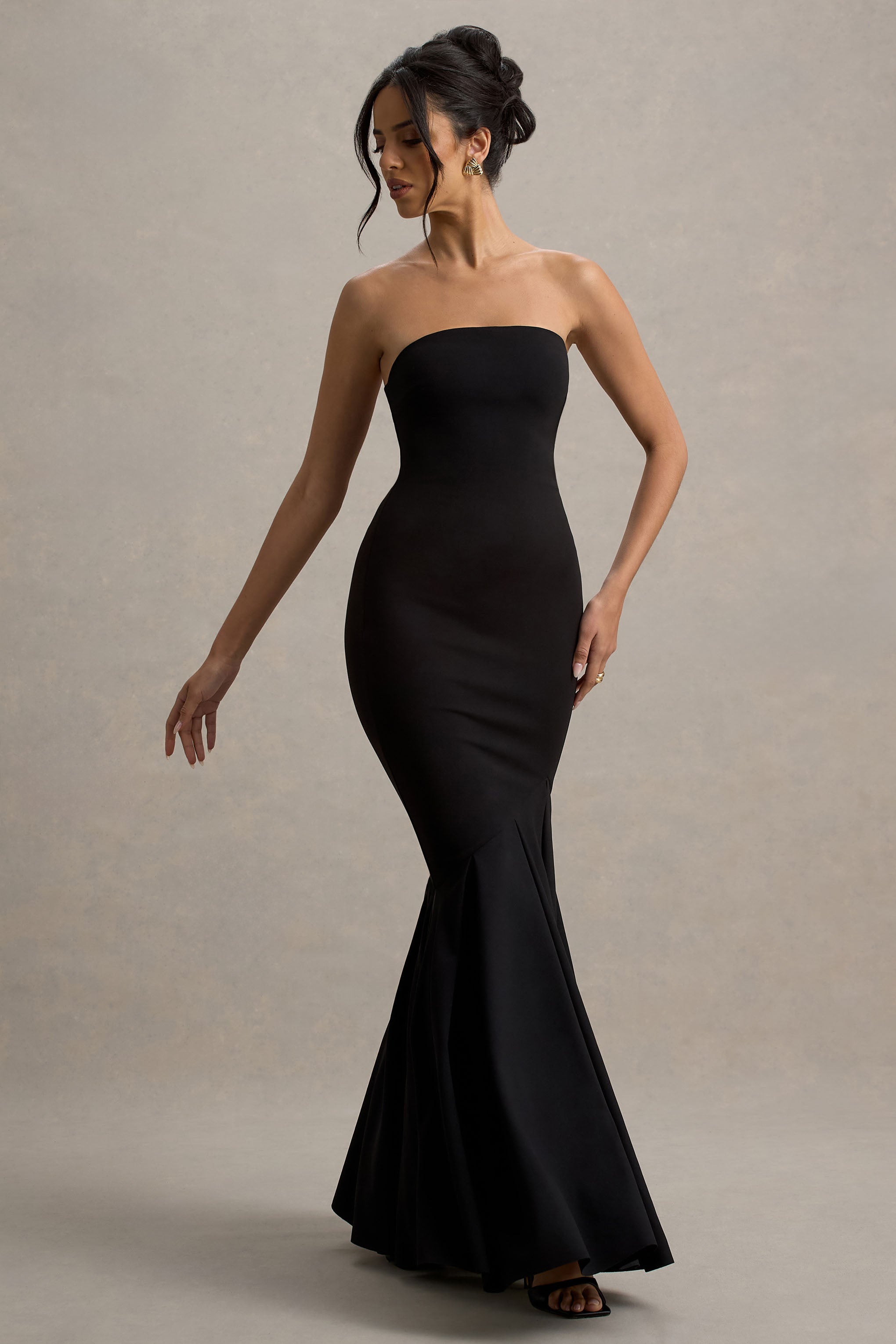 Angela | Black Bandeau Fishtail Maxi Dress