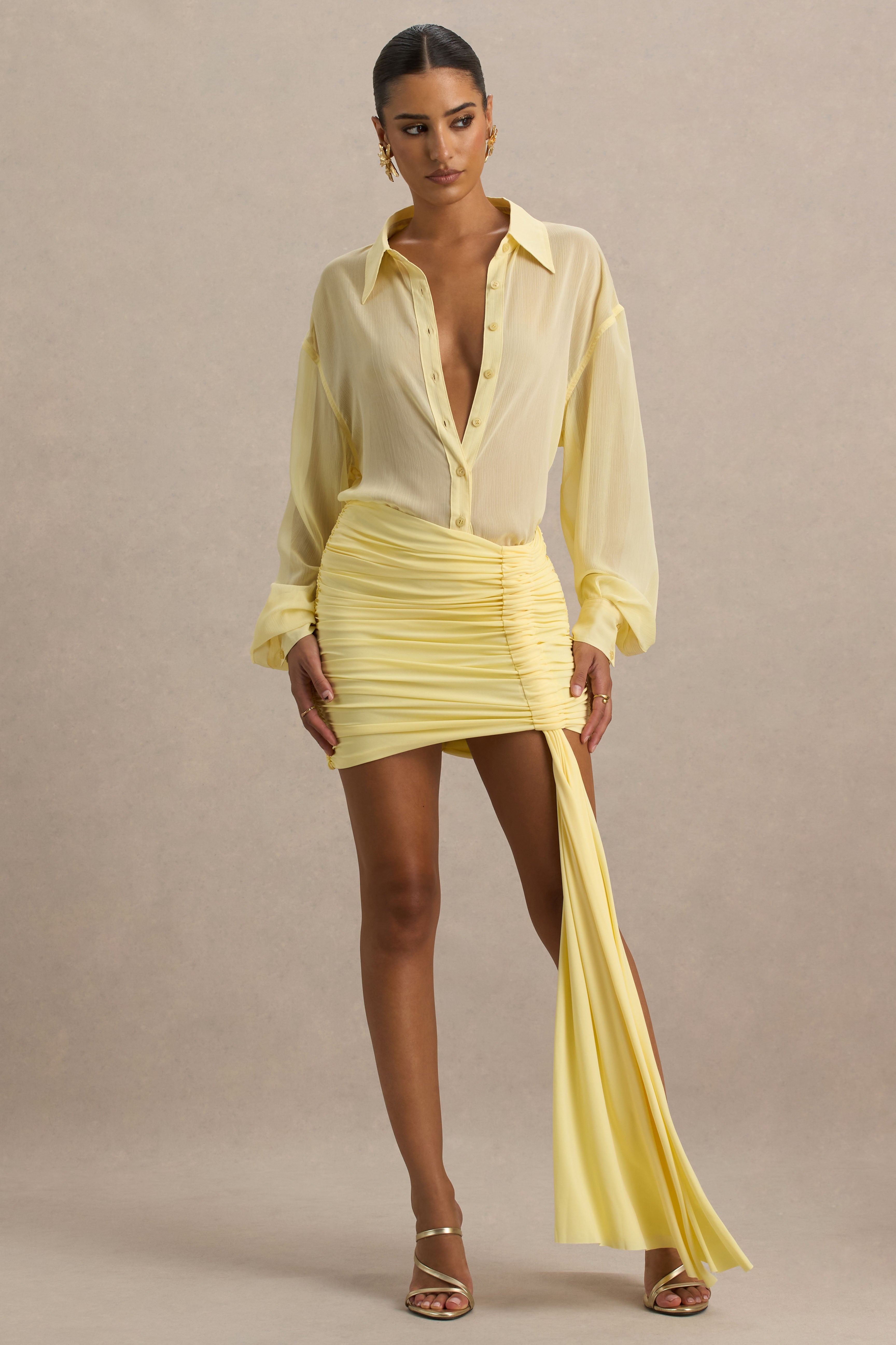 Katelyn | Lemon Ruched Wrap Mini Skirt With Sash