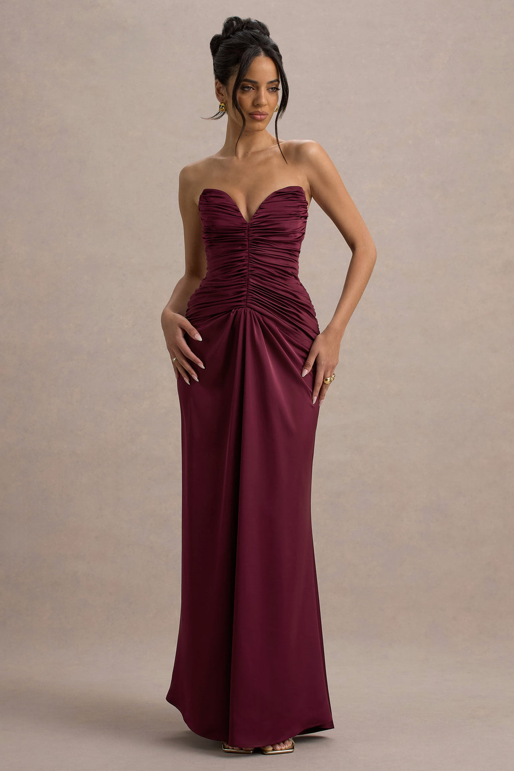 Desirie | Burgundy Satin Sweetheart Gathered Maxi Dress