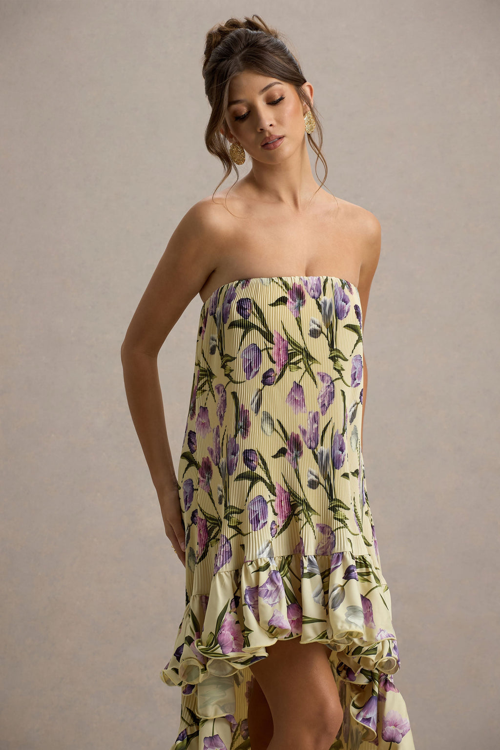 Whistler | Tulip Floral Print Chiffon Bandeau High-Low Ruffled Maxi Dress