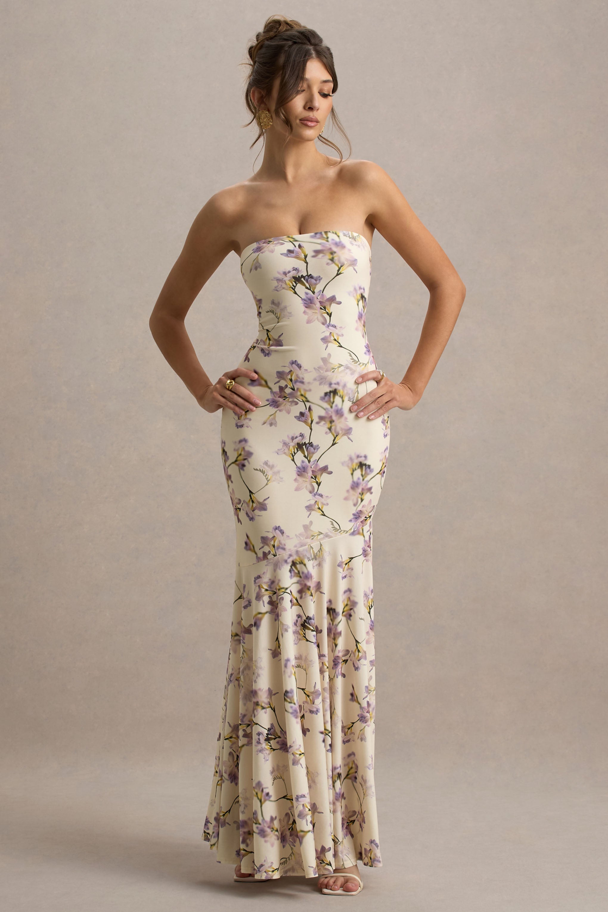Callie | Lemon Floral Print Bandeau Fishtail Maxi Dress