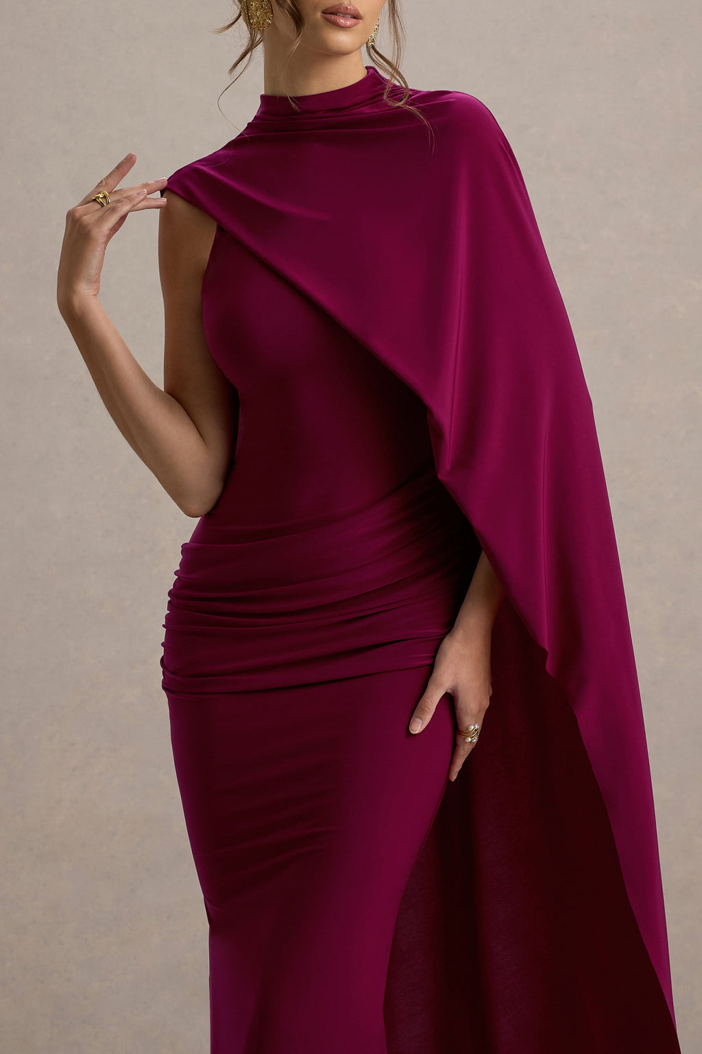 Maeve | Burgundy Cape-Sleeve Draped Maxi Dress