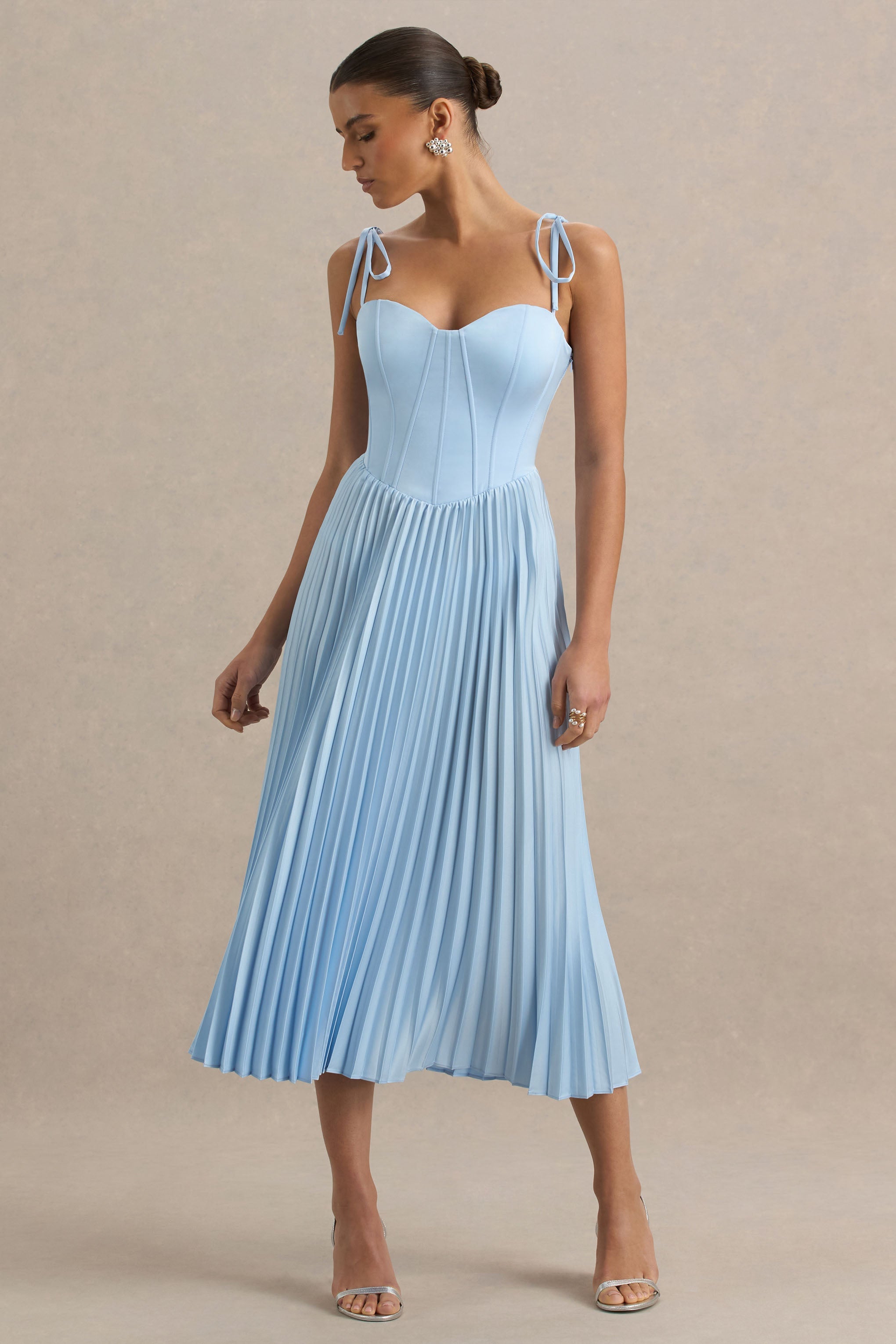 Peyton | Powder Blue Satin Sweetheart-Neck Midi Dress With Pleated Details