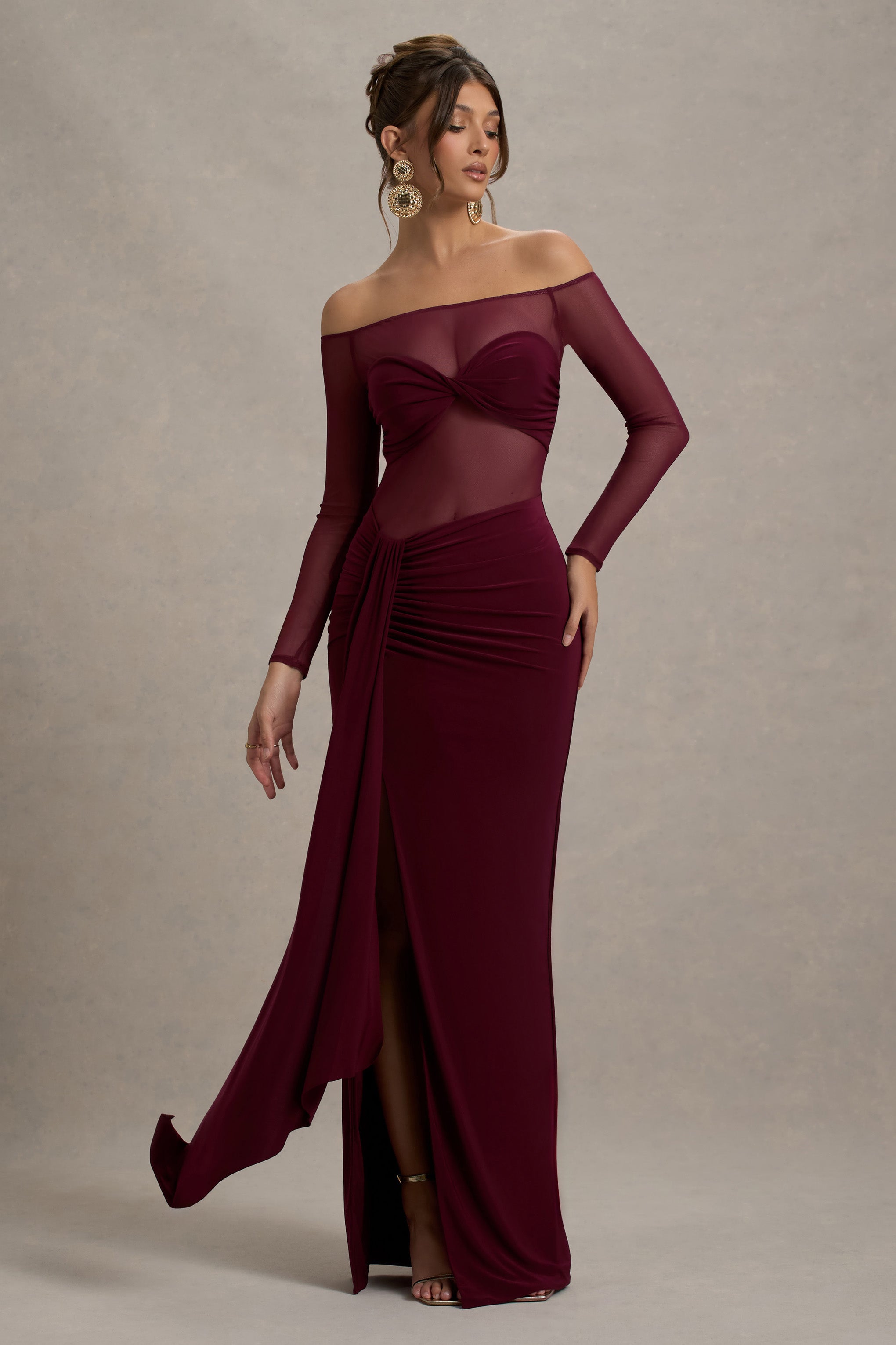 Cover Star | Burgundy Mesh Bardot Long-Sleeve Draped Maxi Dress