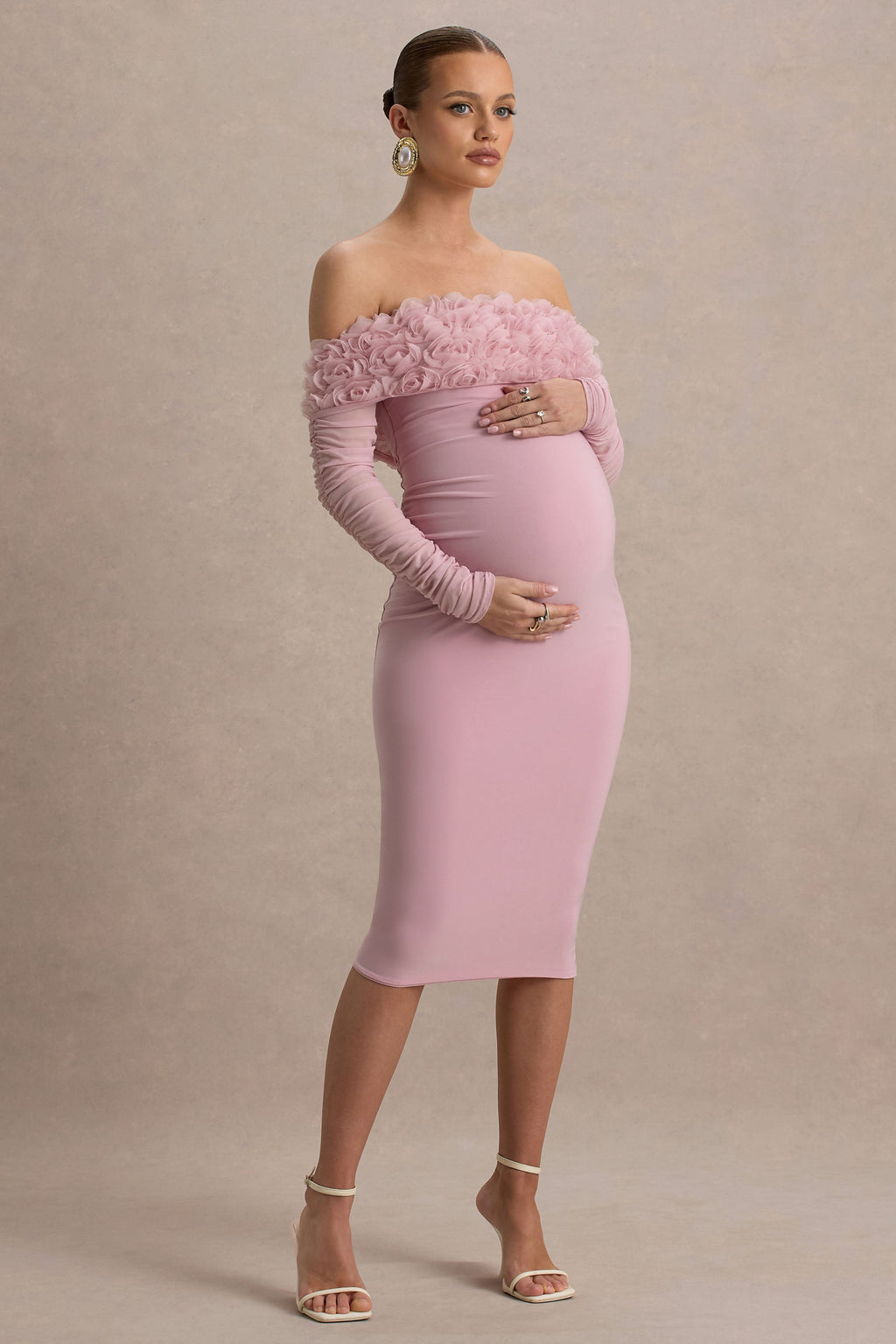 Adita | Blush Pink Mesh Floral Bardot Maternity Midi Dress