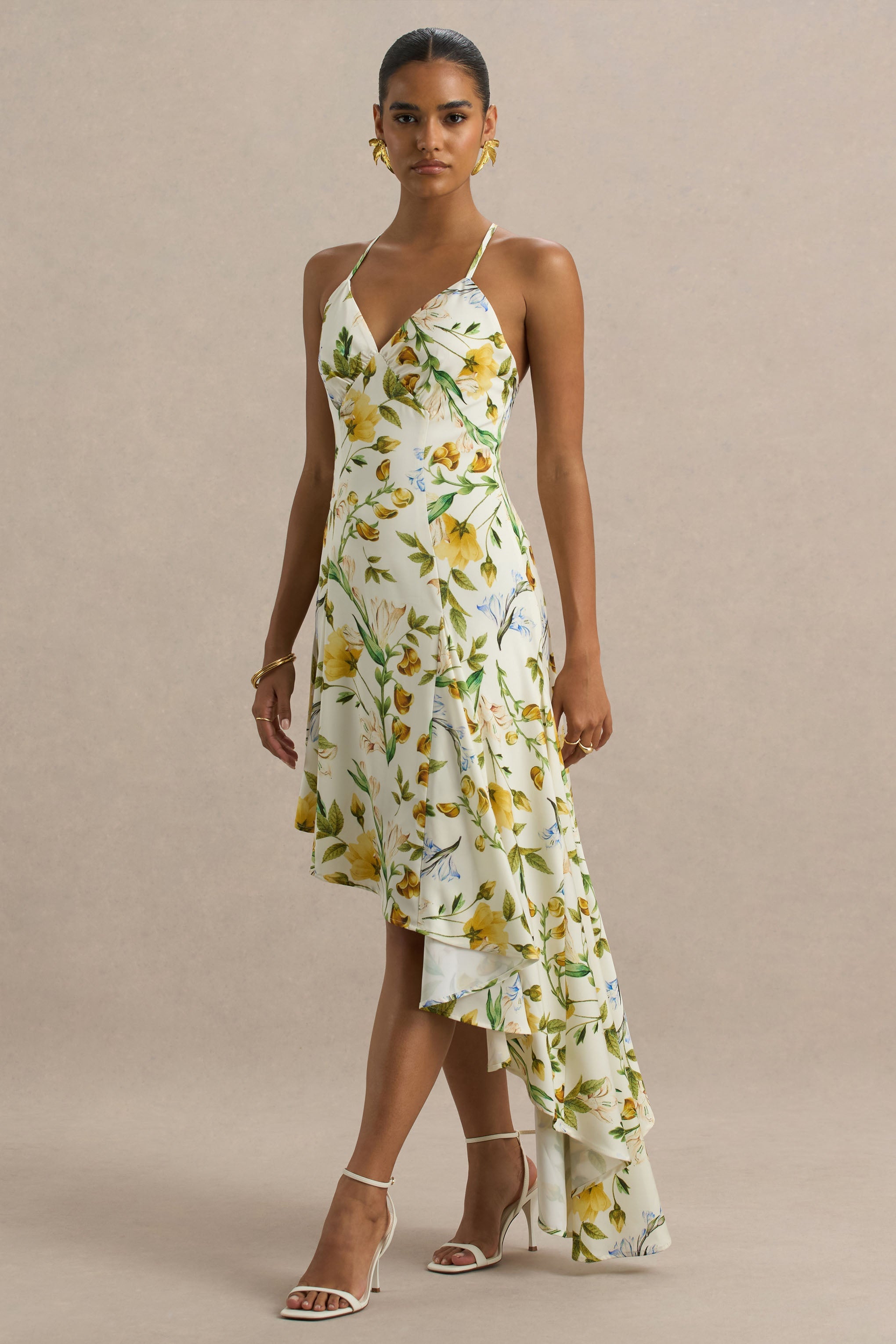 Glint | White Botanical Print Satin Plunge-Neck Maxi Dress With Asymmetric Hem
