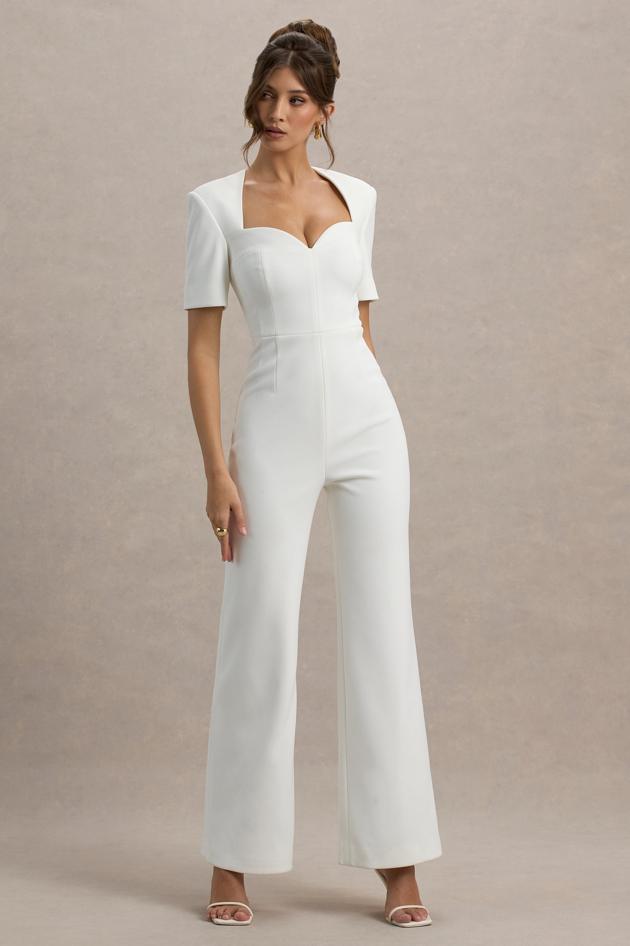 Simone | White Sweetheart Short-Sleeve Wide-Leg Jumpsuit
