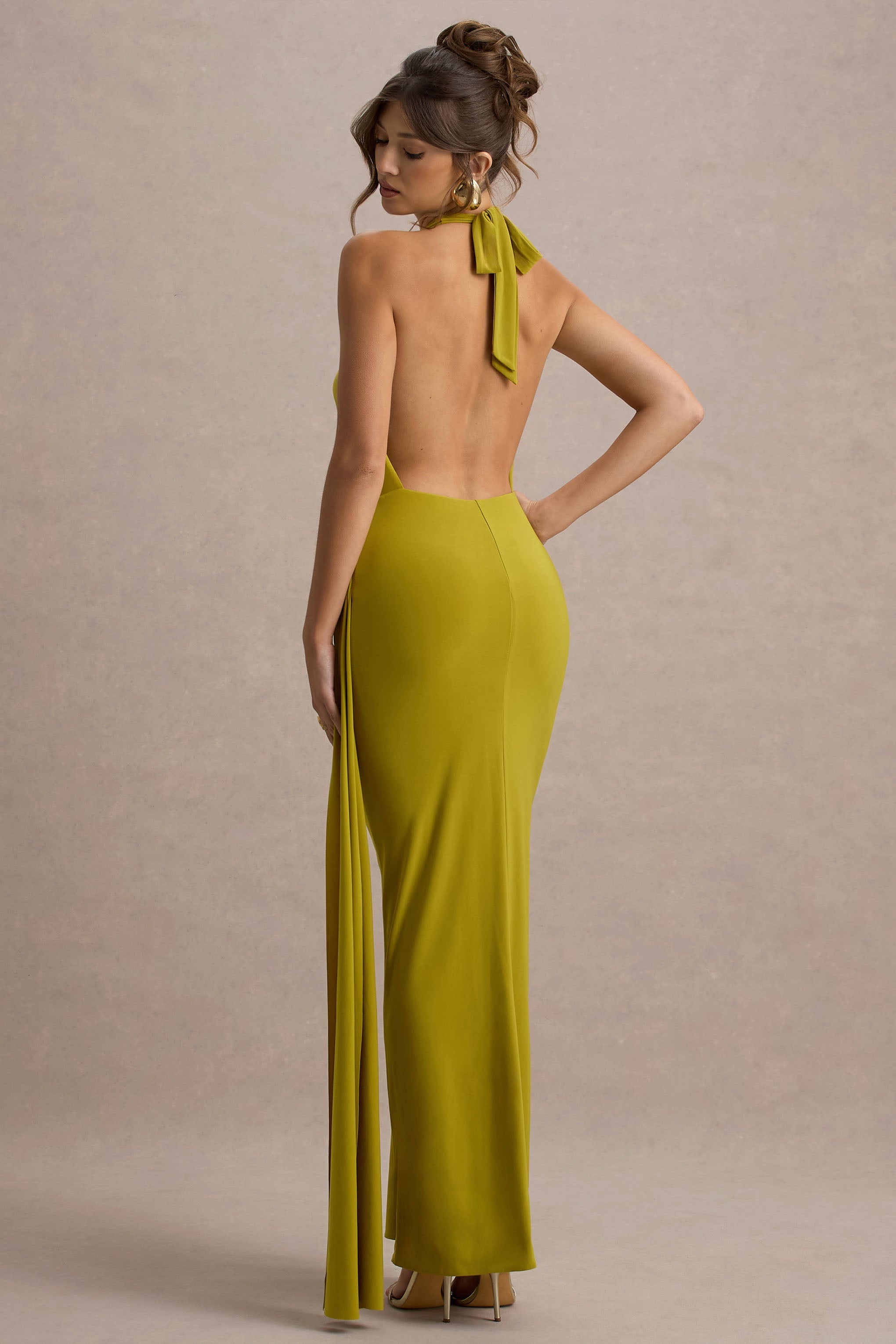 Rosina | Green Halter-Neck Draped Maxi Dress With Sash