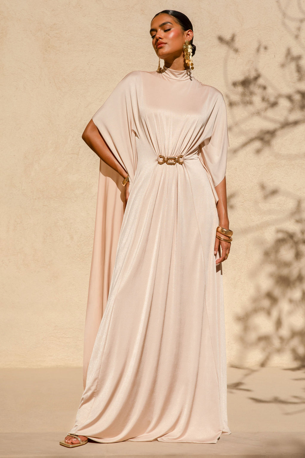 Olessia | Champagne Belted Gathered Cape-Sleeve Maxi Dress