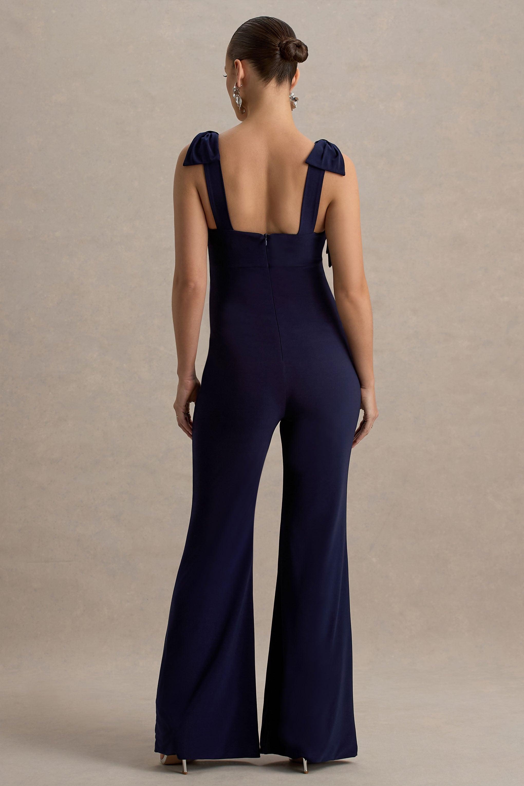 Impeccable | Navy Sweetheart Bow Strap Maternity Jumpsuit