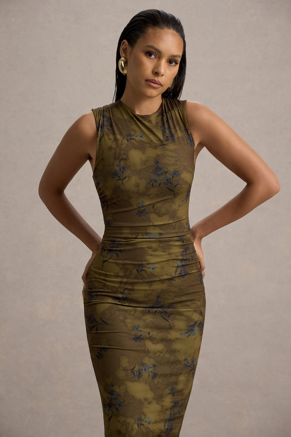 Jacinda | Khaki Floral Print Bodycon Maxi Dress