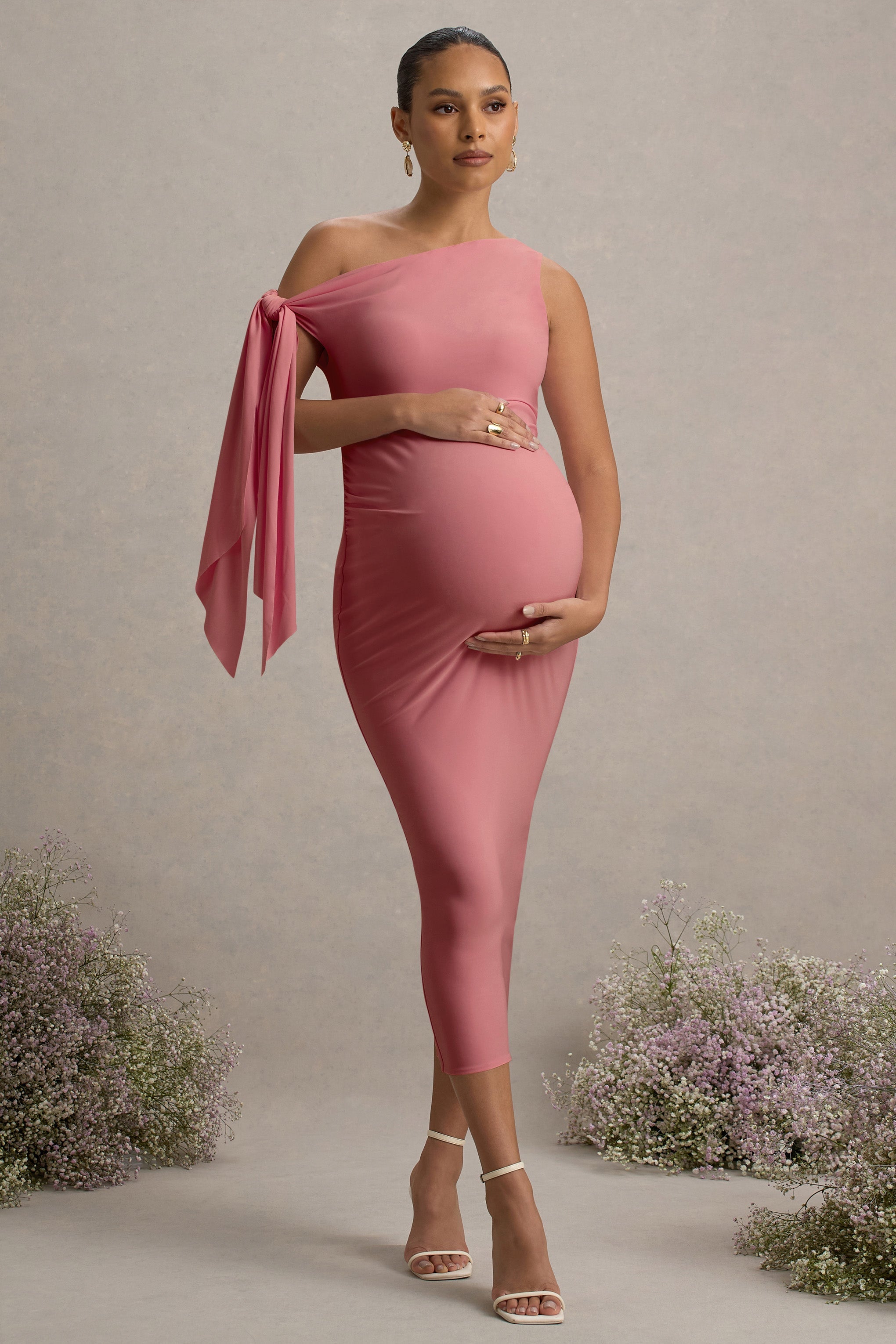 Katarine | Pink Asymmetric Knot Maternity Midi Dress