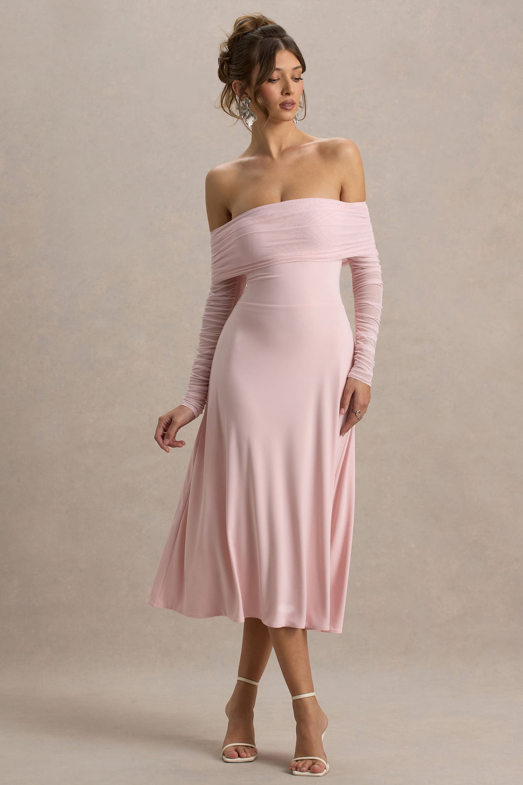 Flatter Me | Light Pink Bardot Midi Dress With Mesh Sleeves