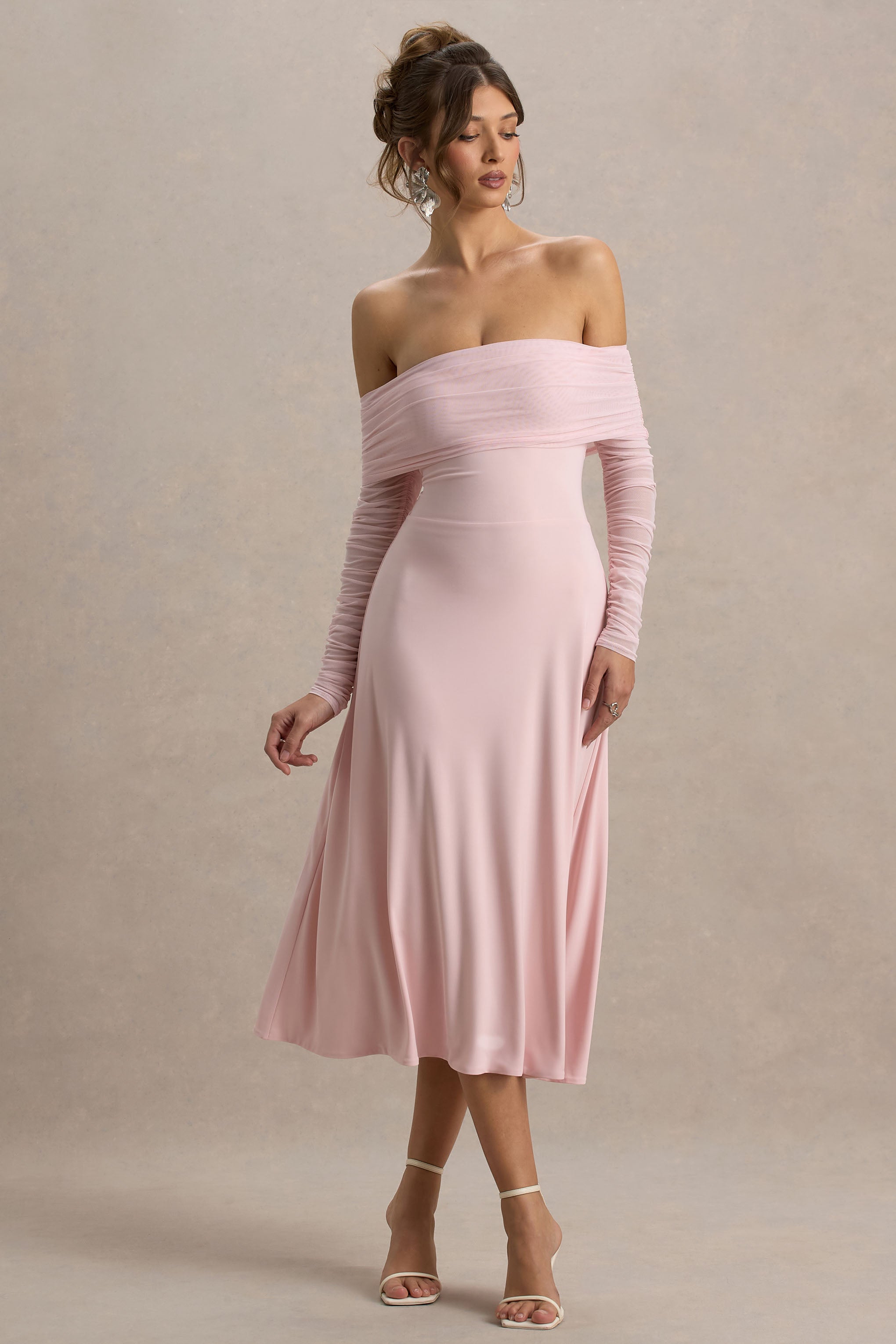 Flatter Me | Light Pink Bardot Midi Dress With Mesh Sleeves