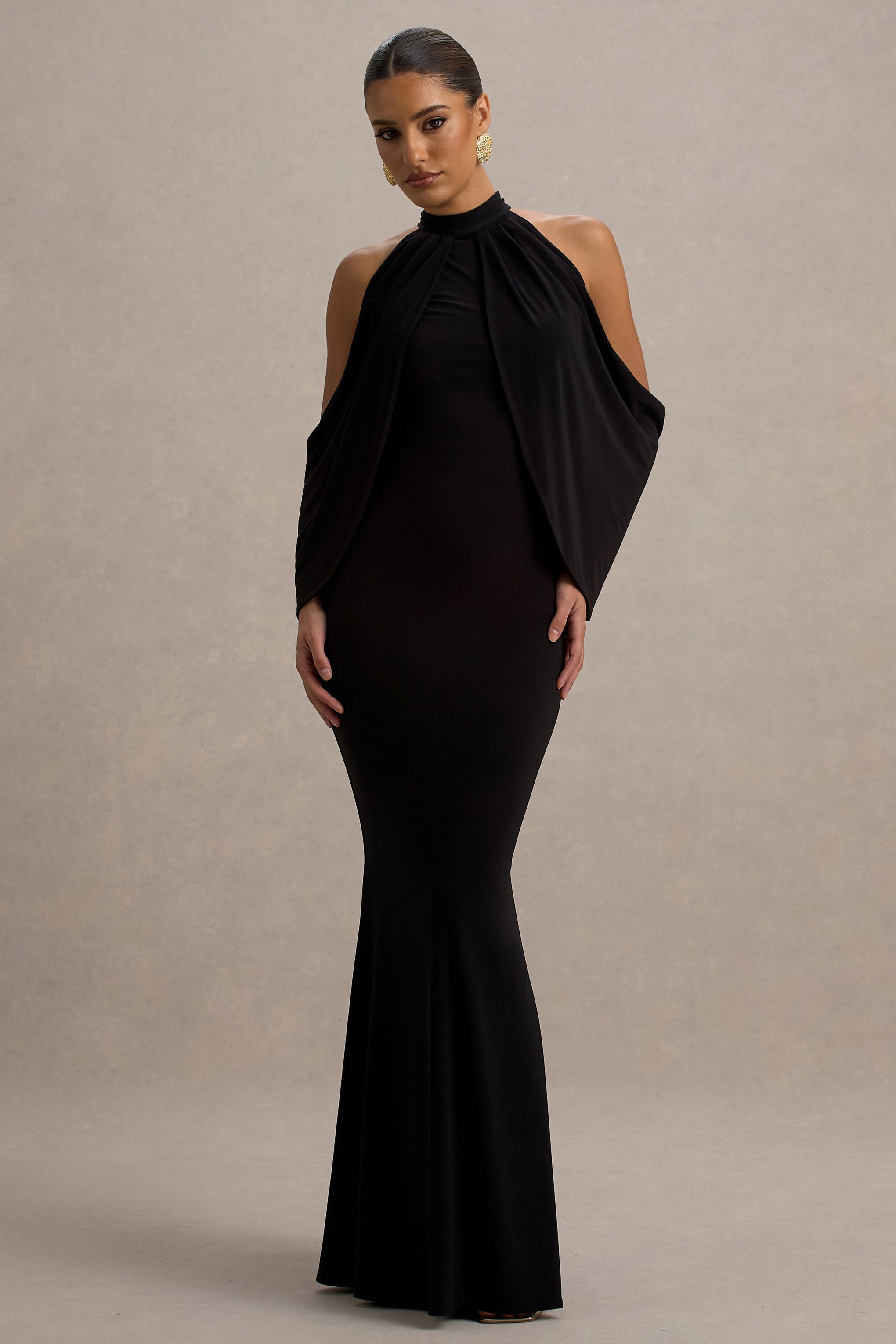 Teresa | Black High-Neck Cold-Shoulder Maxi Dress