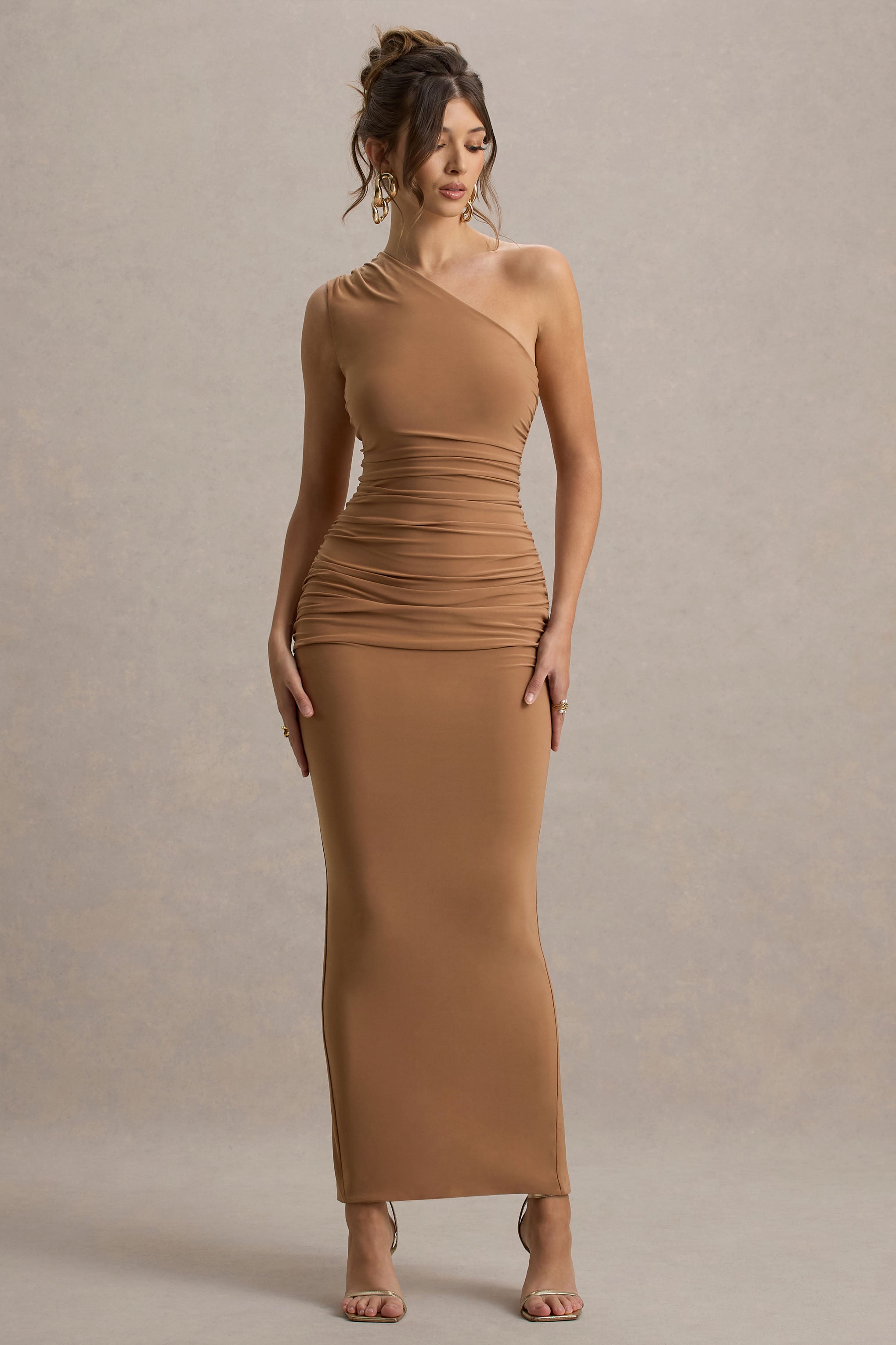 Dalarie | Brown One-Shoulder Gathered Maxi Dress