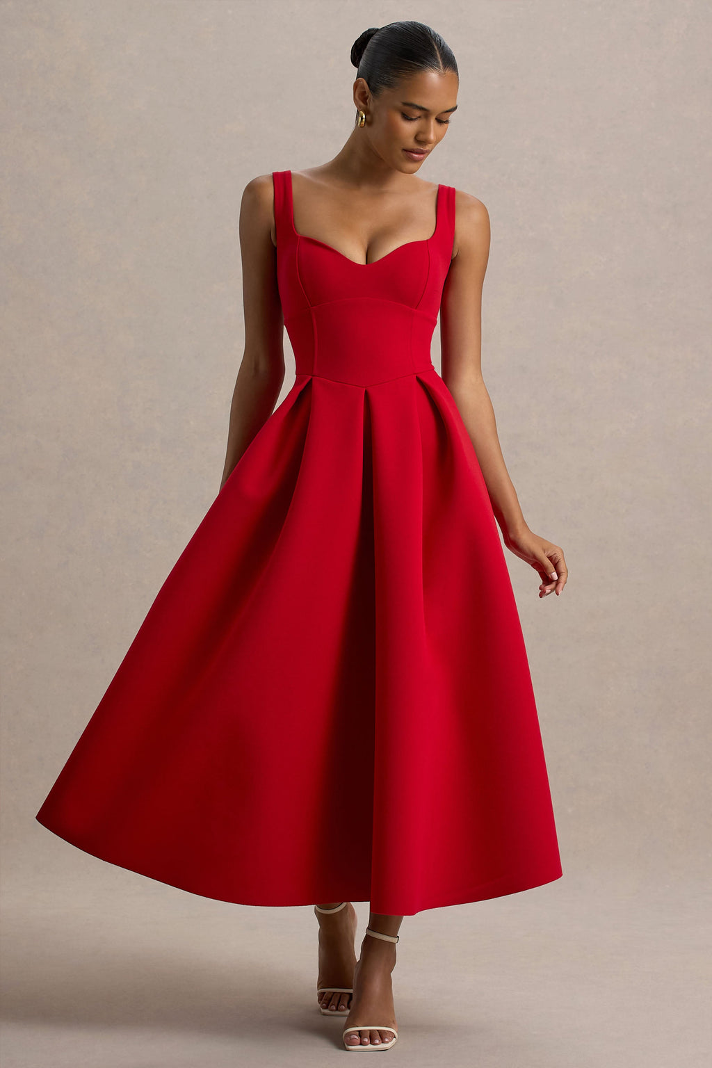 Rosemary | Red Sweetheart Midi Dress With Drop Waist