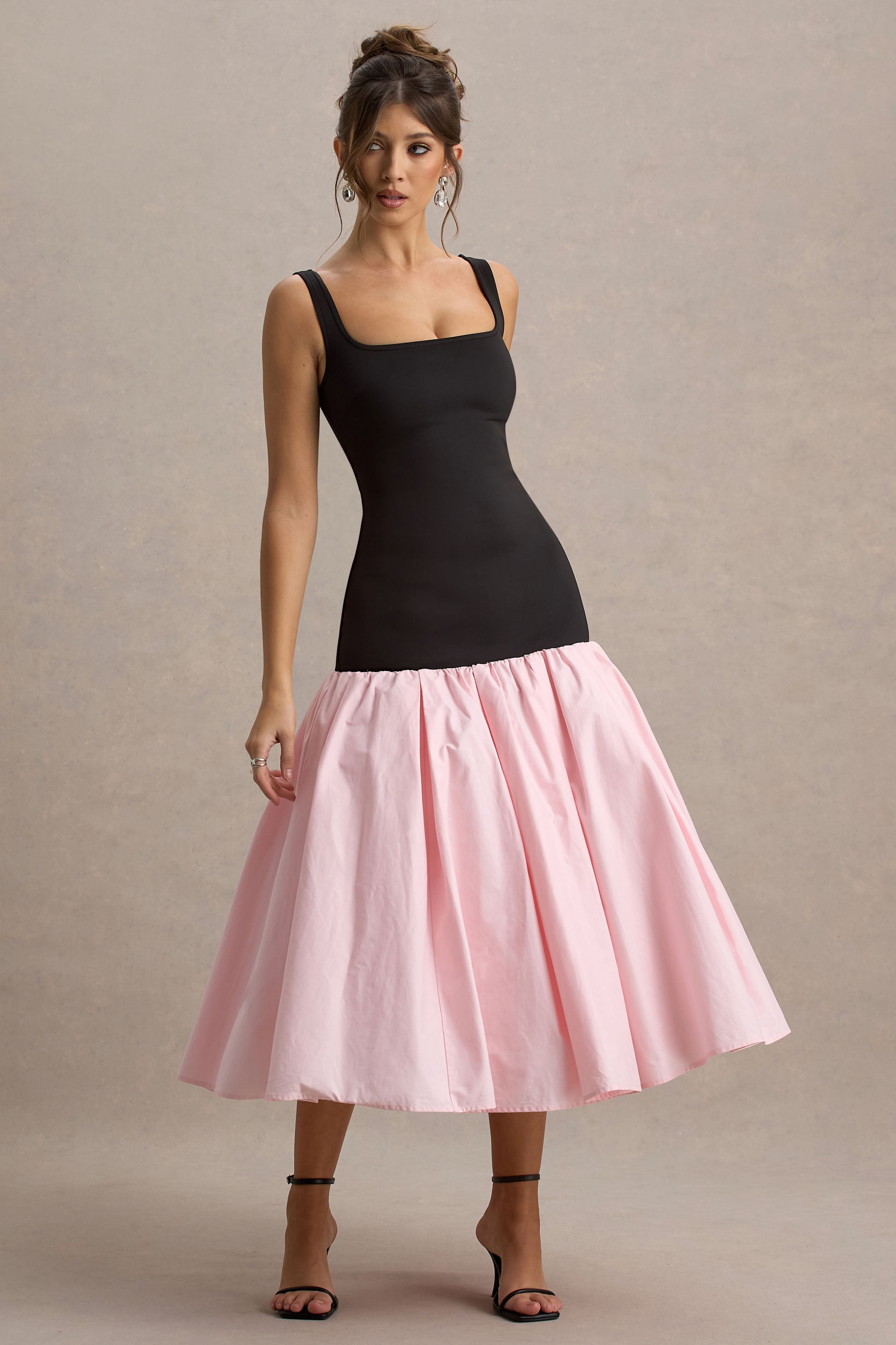 Parida | Black & Pink Poplin Drop-Waist Midi Dress With Peplum Hem