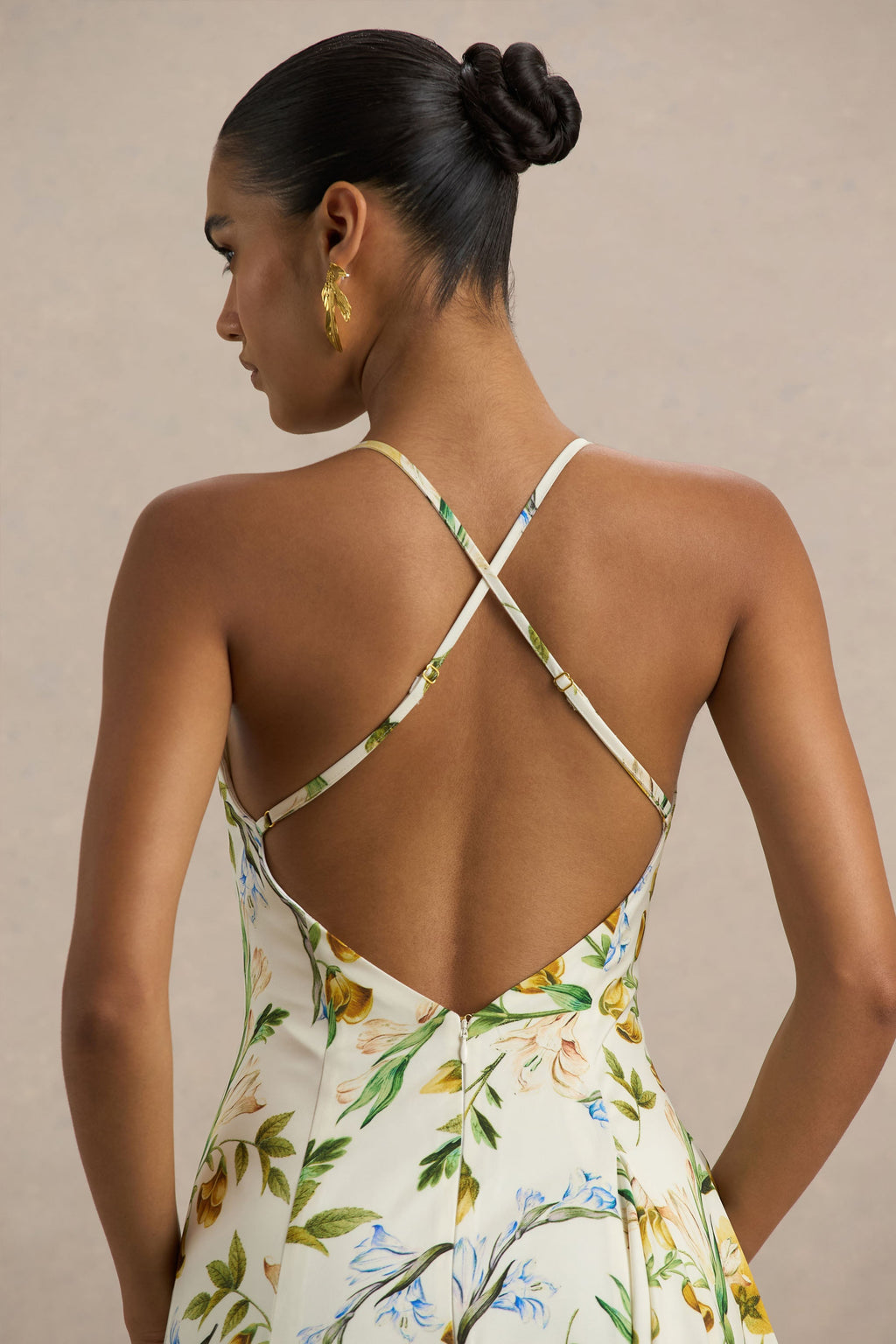 Glint | White Botanical Print Satin Plunge-Neck Maxi Dress With Asymmetric Hem