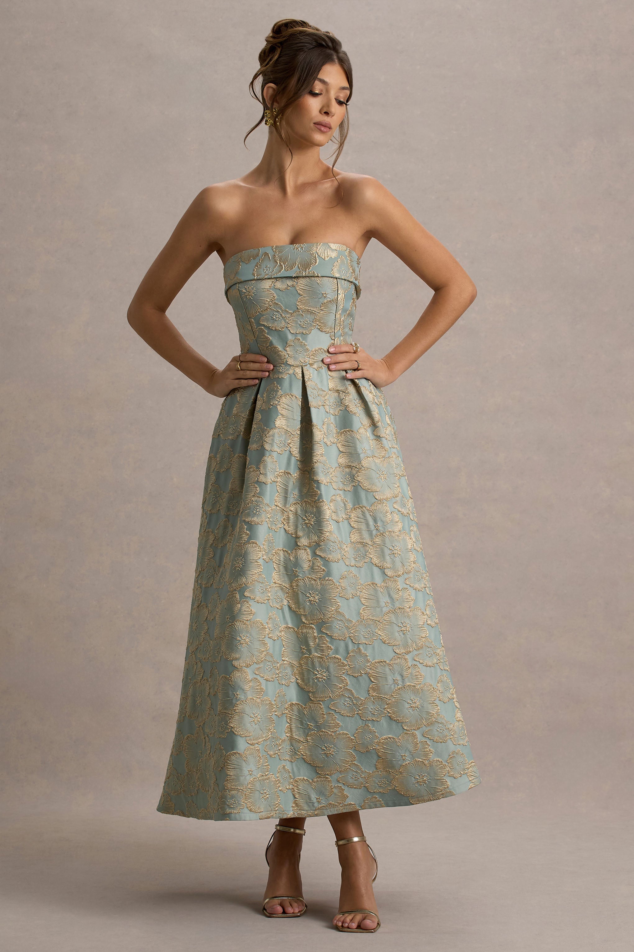 Zuma | Light Blue Jacquard Strapless Midi Dress