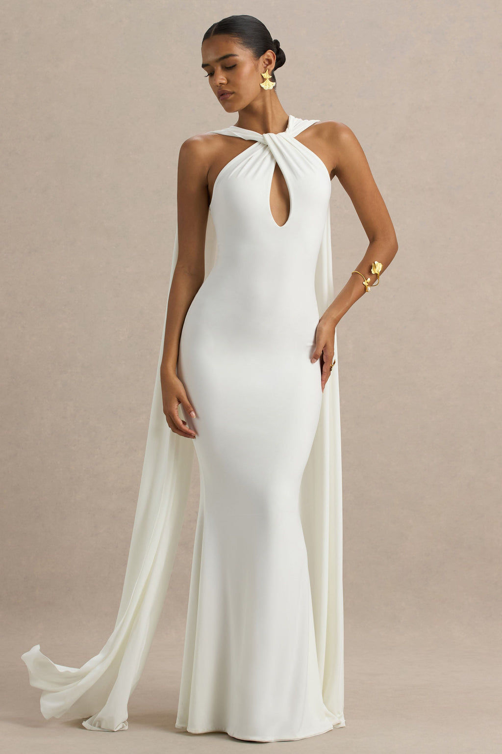 Rhoda | White Twist Halter-Neck Cape Maxi Dress