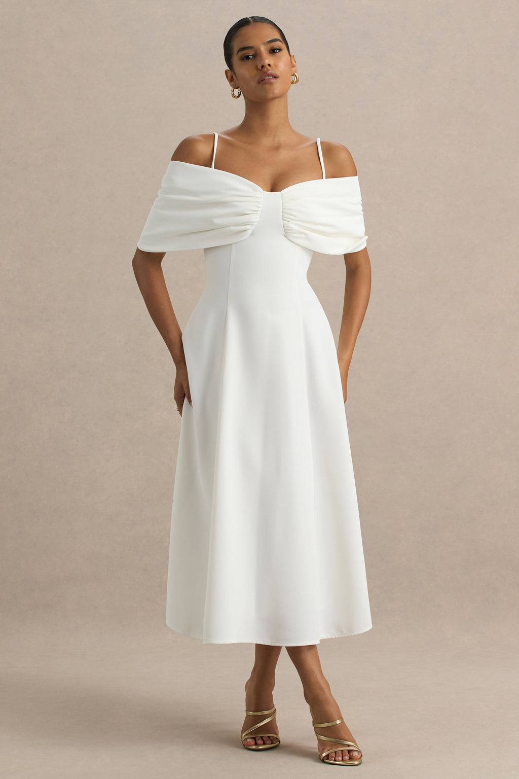 Hettie | White Short-Sleeve Bardot Midi Dress With Bow Detail