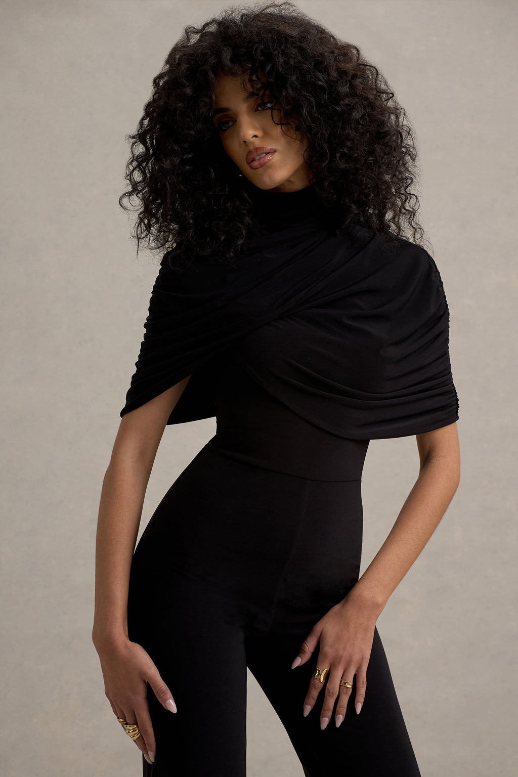 Isoline | Black Twist Cape Flared-Leg Jumpsuit