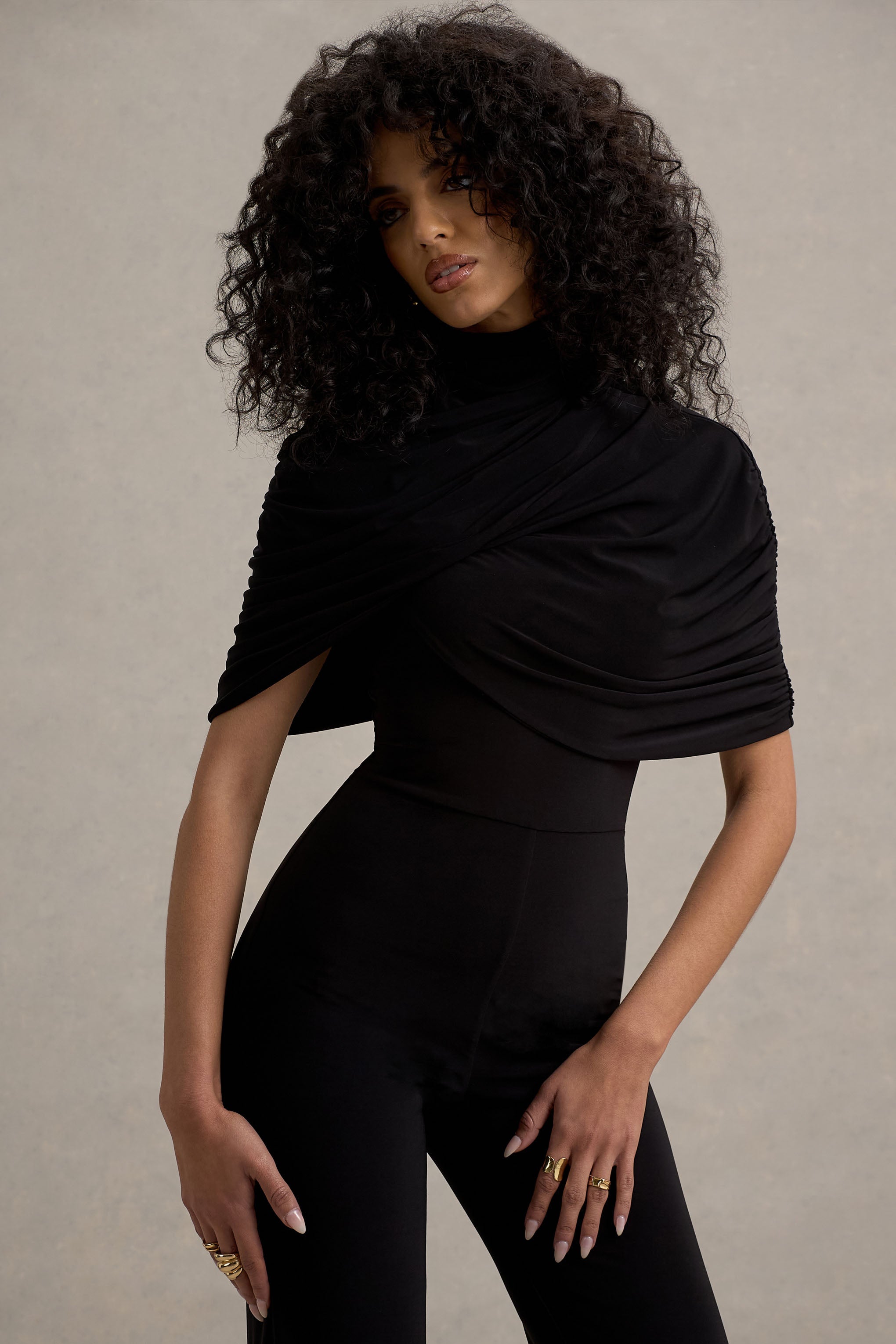 Isoline | Black Twist Cape Flared-Leg Jumpsuit