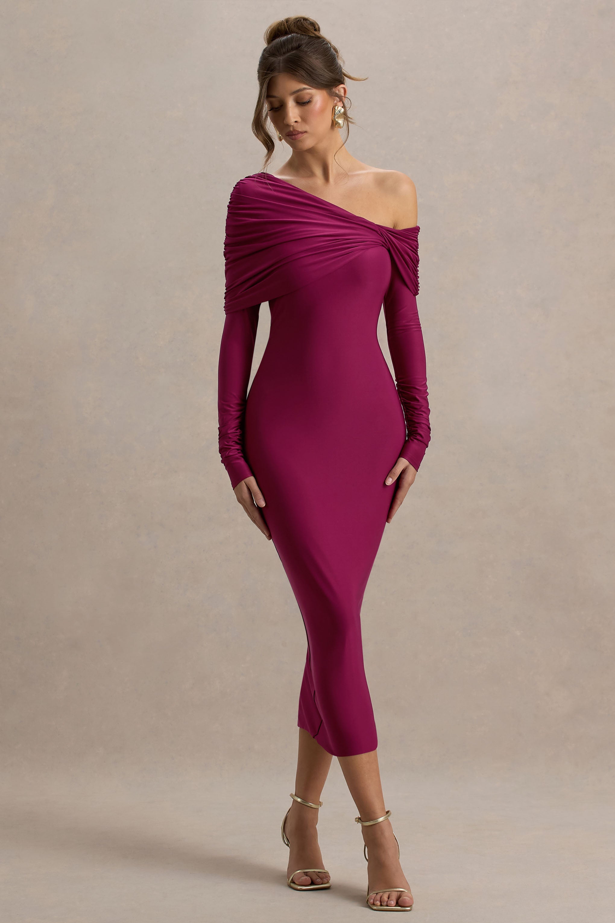Cleo | Burgundy Bodycon Midi Dress With Mesh Sleeves