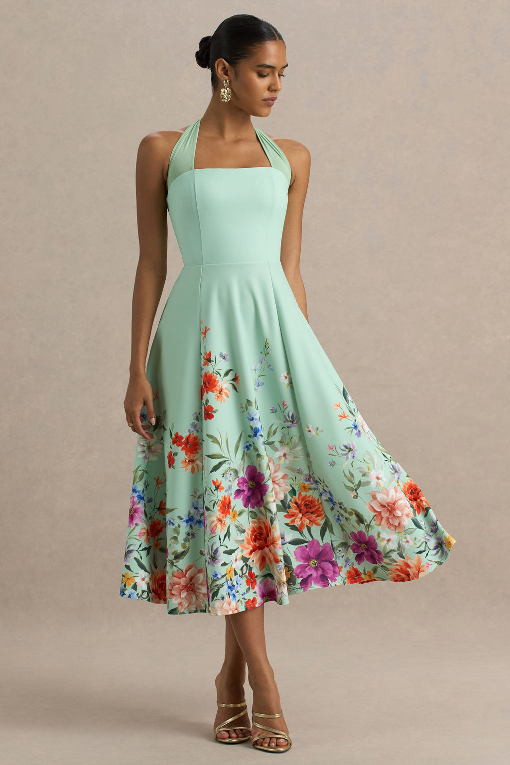 Auburn | Mint Placement Floral Halter-Neck Midi Dress