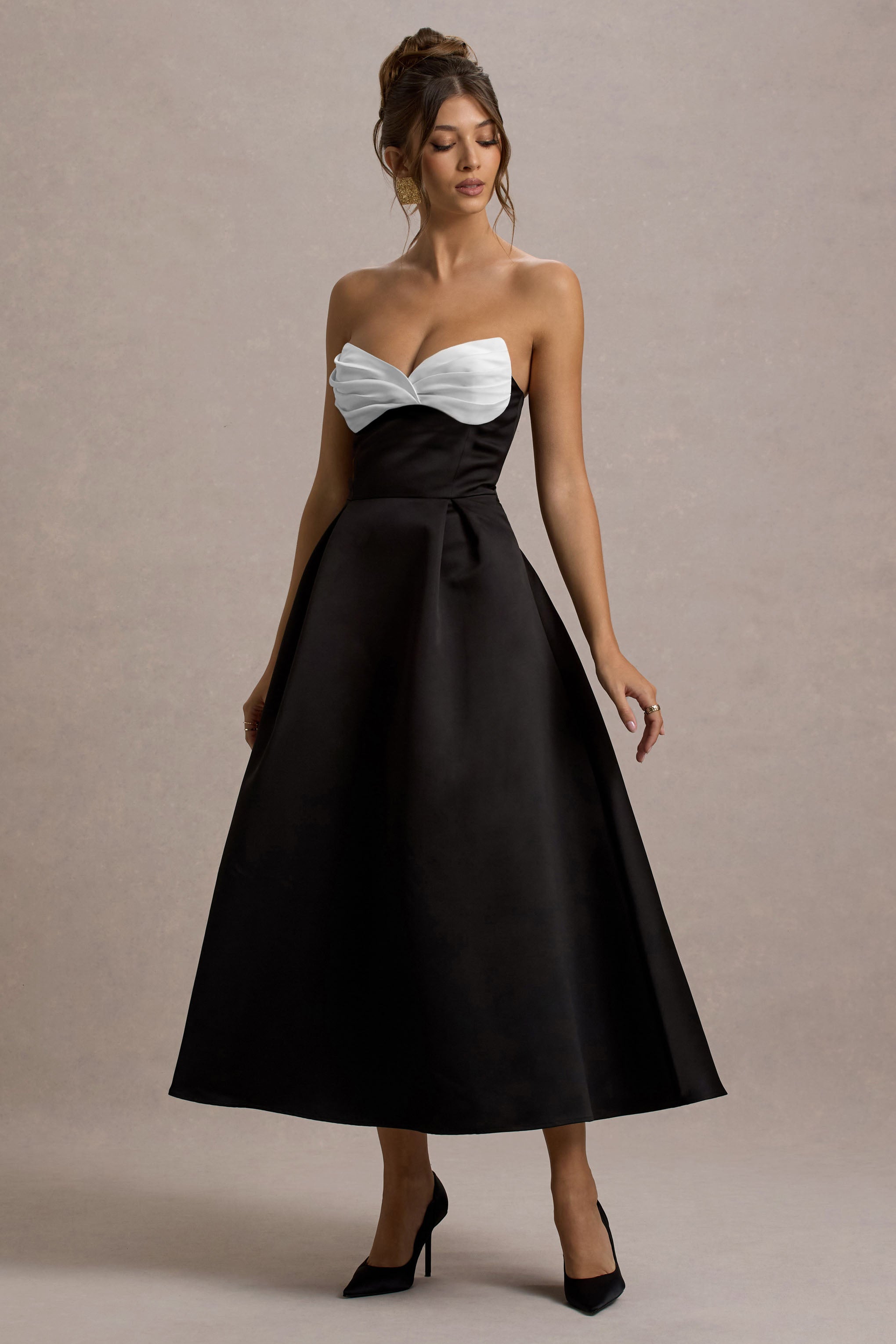 Wintour | Black Satin Sweetheart Midi Dress