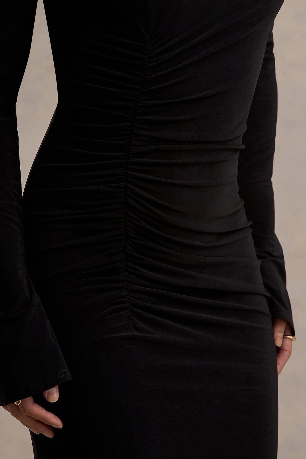 Cassandra | Black High-Neck Long-Sleeve Midi Dress