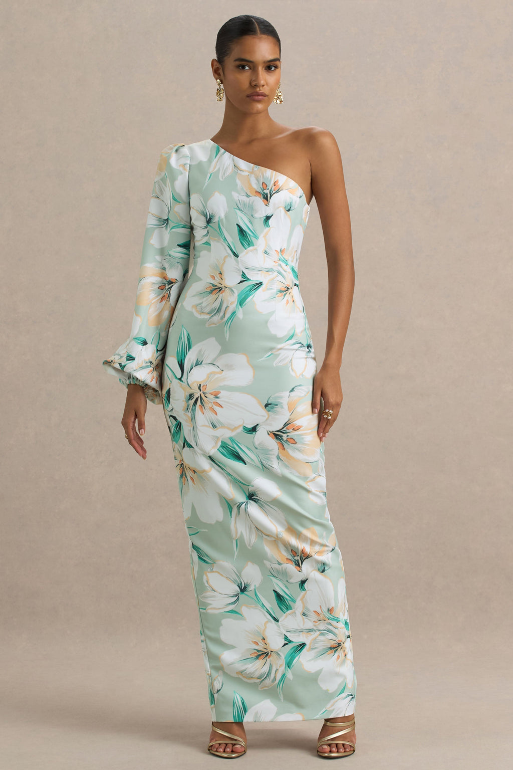 Kellis | Green Floral Print Asymmetric Maxi Dress With Balloon Sleeve