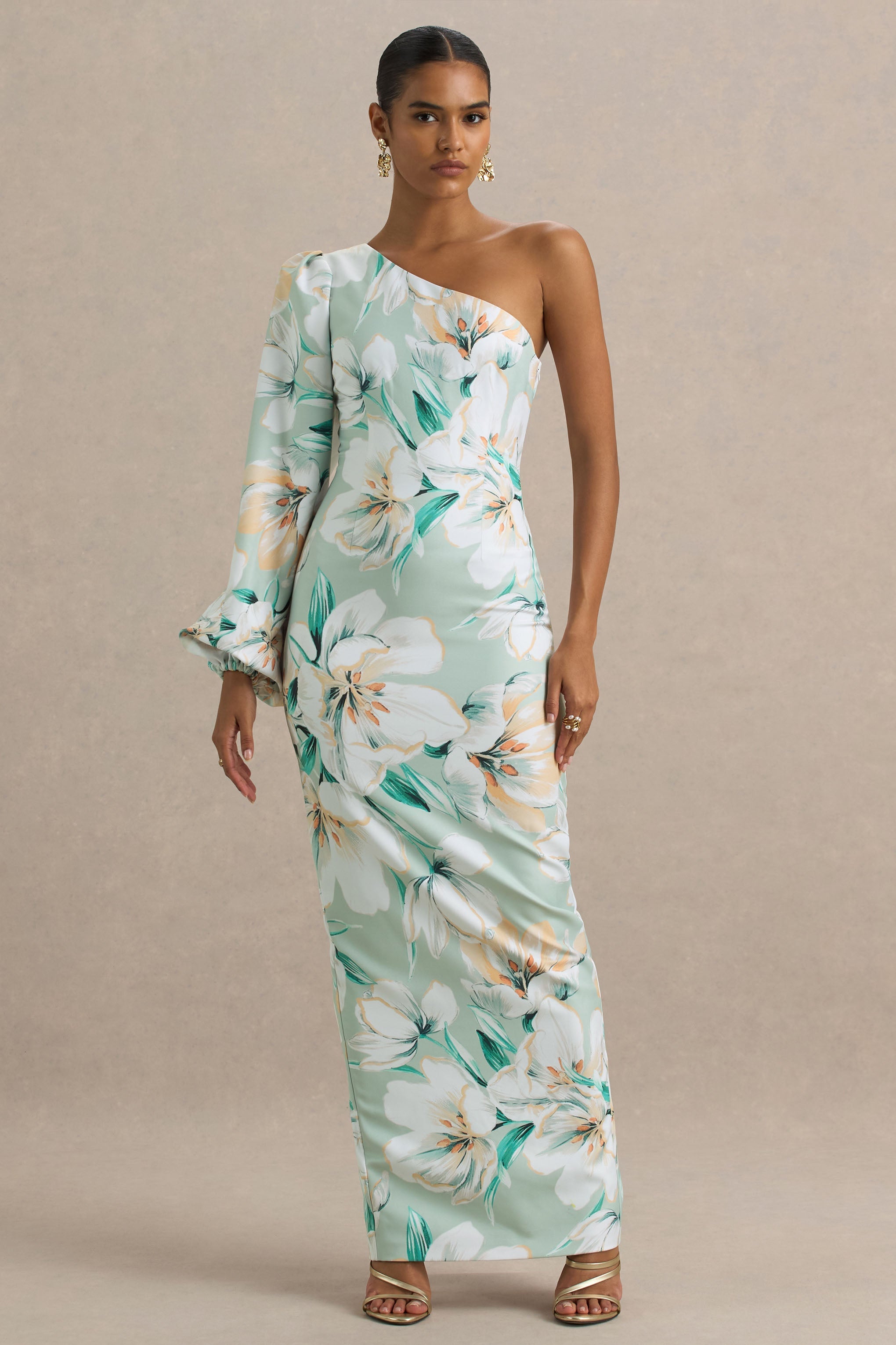 Kellis | Green Floral Print Asymmetric Maxi Dress With Balloon Sleeve