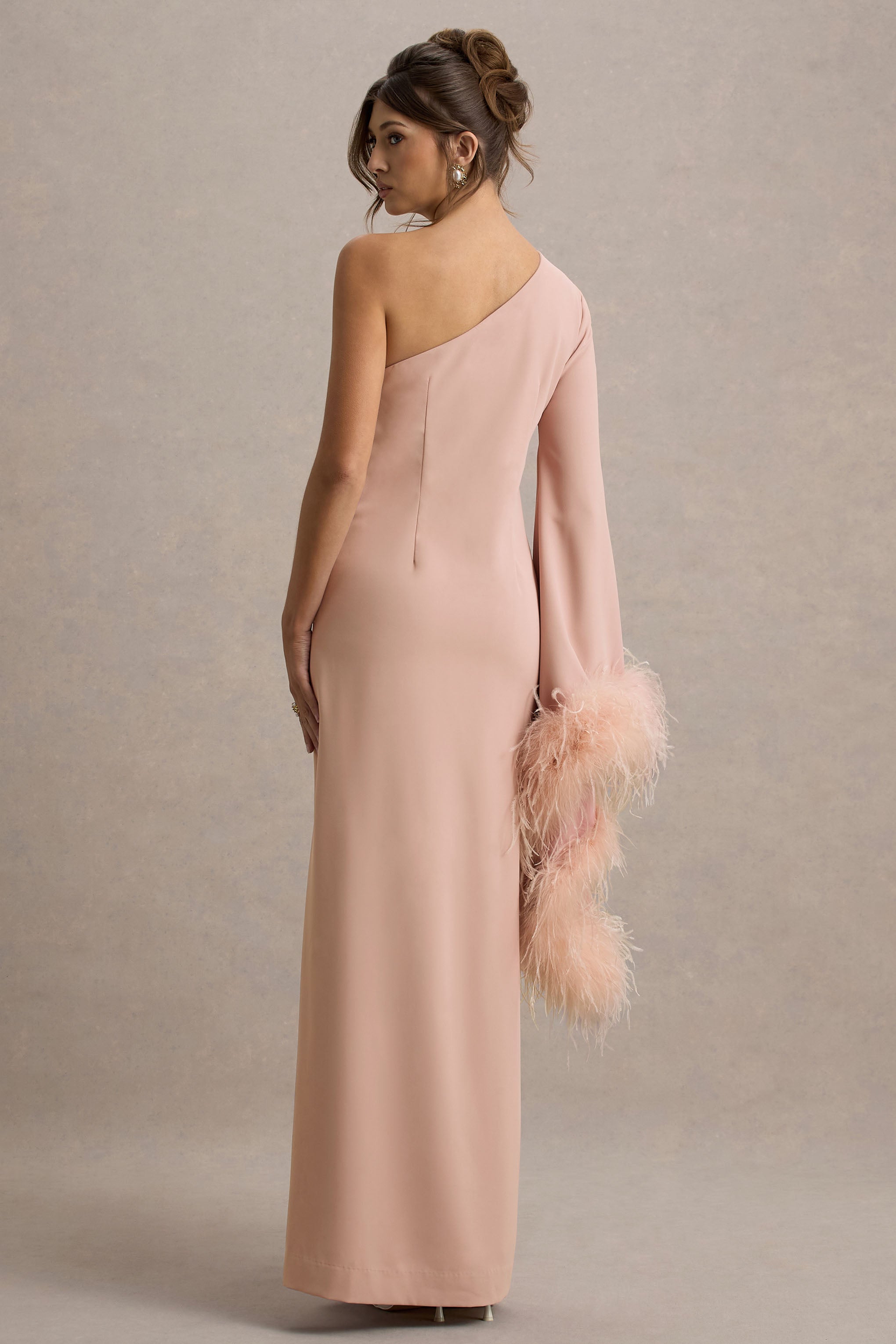 Armina | Blush Pink One-Shoulder Feather-Trim Maxi Dress