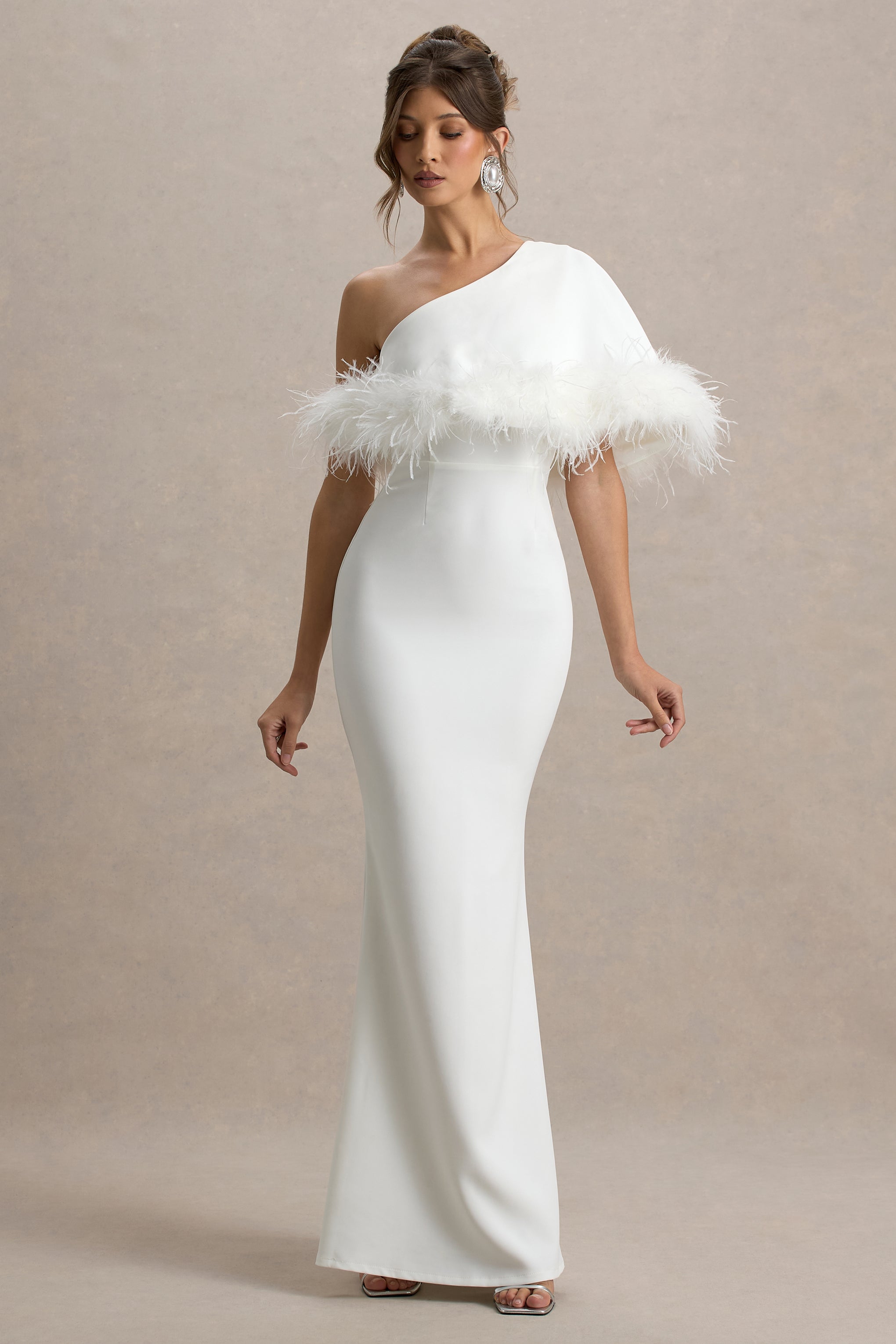 Valor | White Asymmetric Maxi Dress With Feather Trim