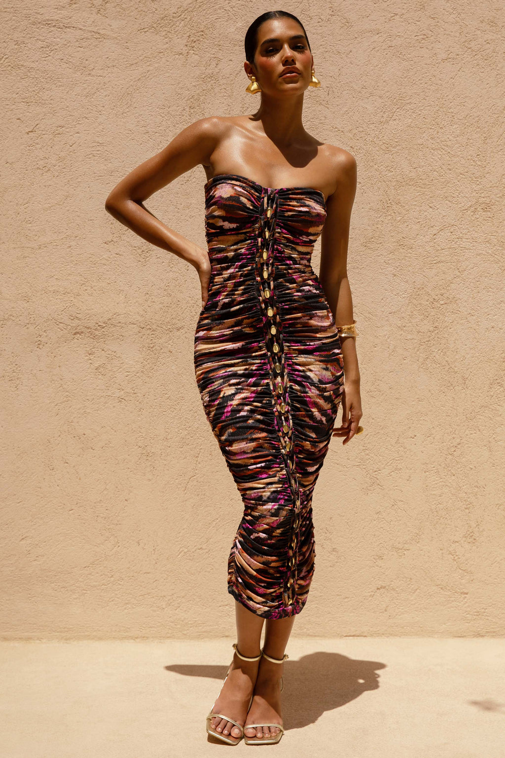 Spontaneity | Zebra Print Bandeau Ruched Midi Dress