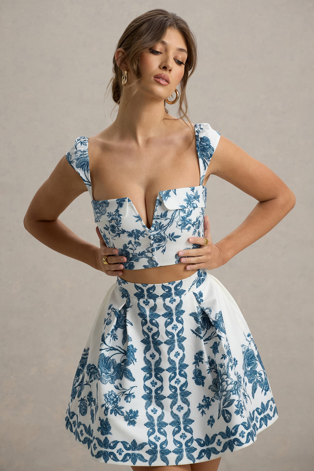 Locklea | Blue Porcelain Print Notched Crop Top