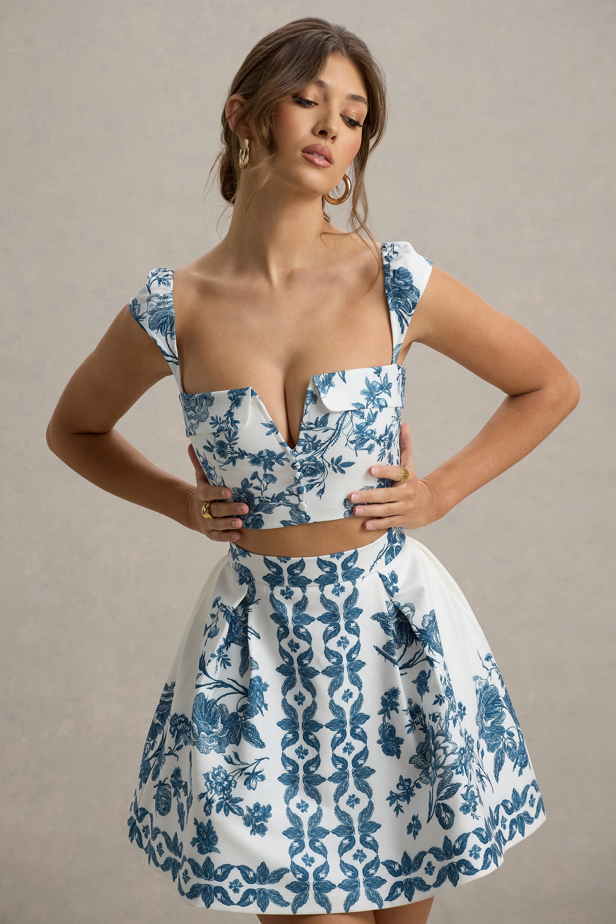 Locklea | Blue Porcelain Print Notched Crop Top