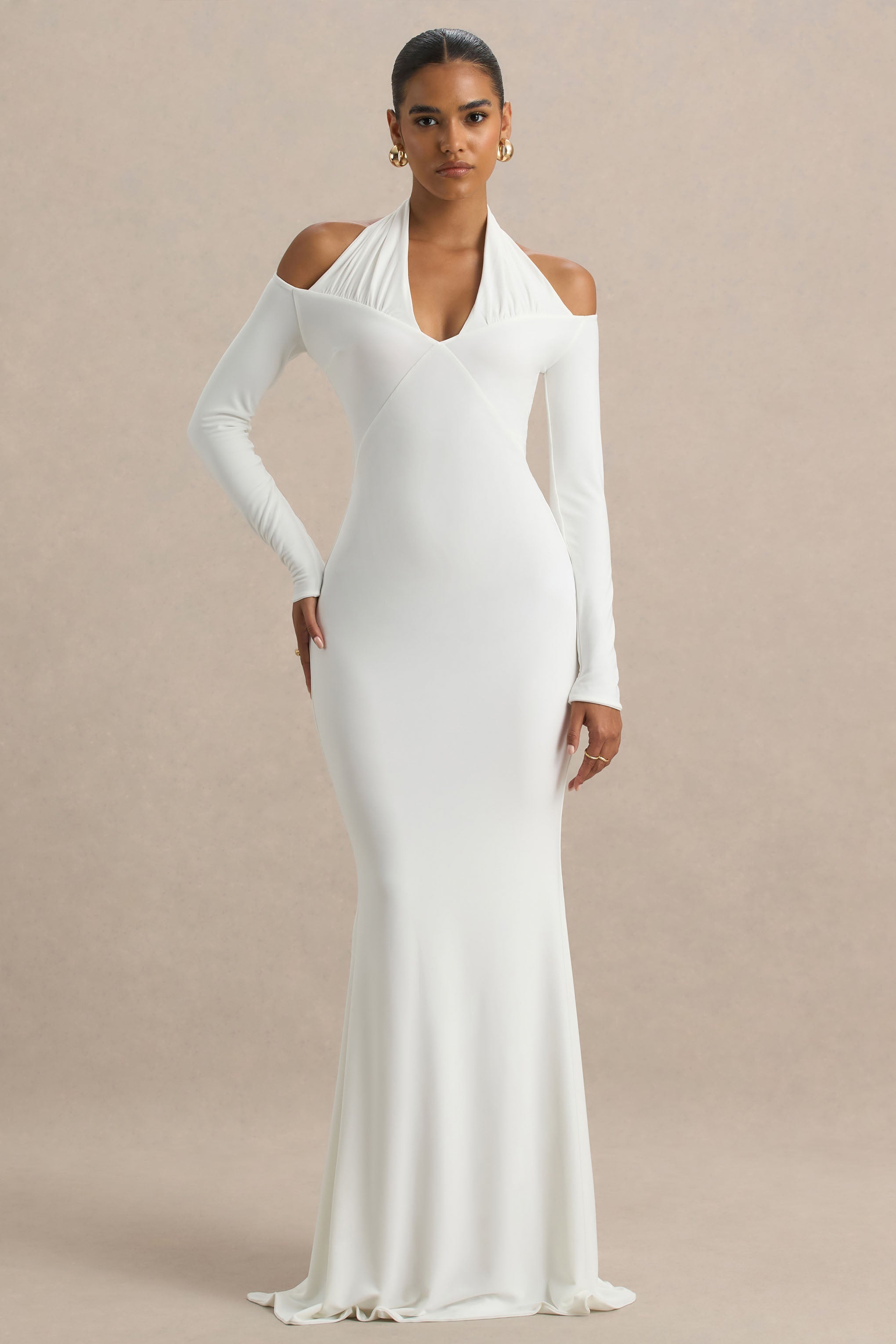 Living High | White Halter-Neck Maxi Dress With Long Sleeves