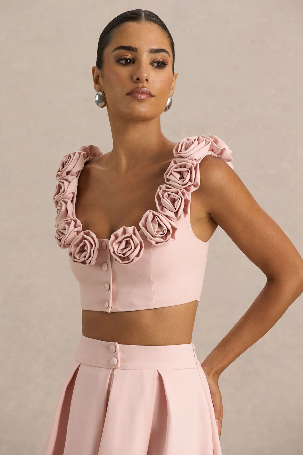 Blade | Baby Pink Scoop-Neck Crop Top With Corsage Details
