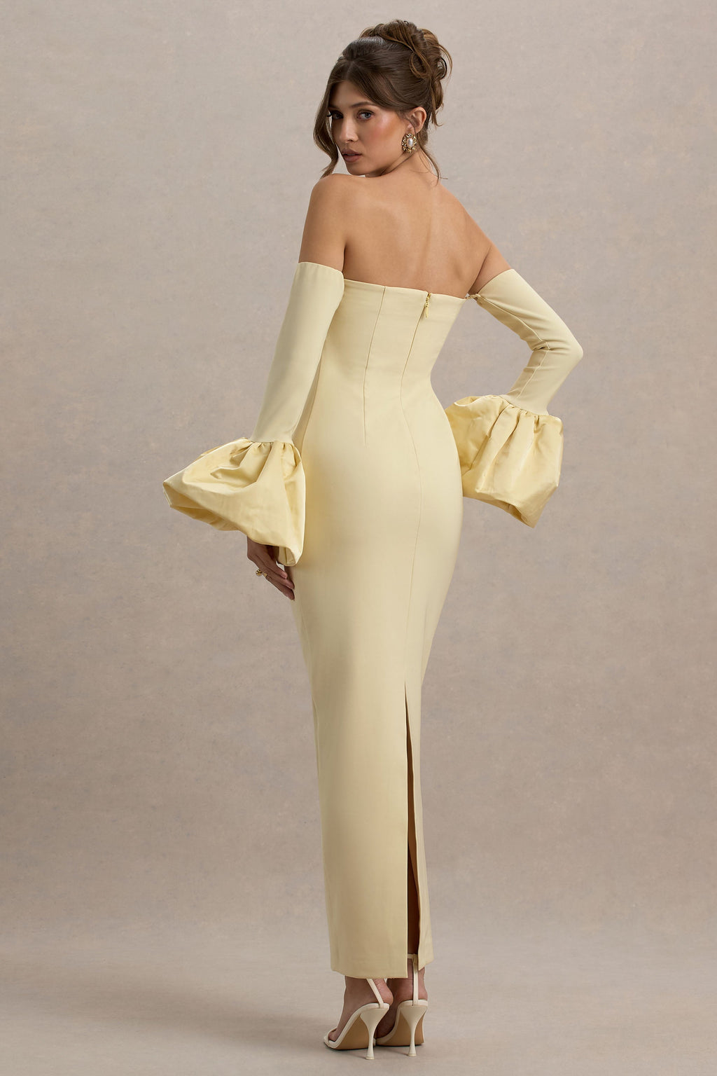 Myah | Lemon Bandeau Long-Sleeve Maxi Dress With Puff Cuffs