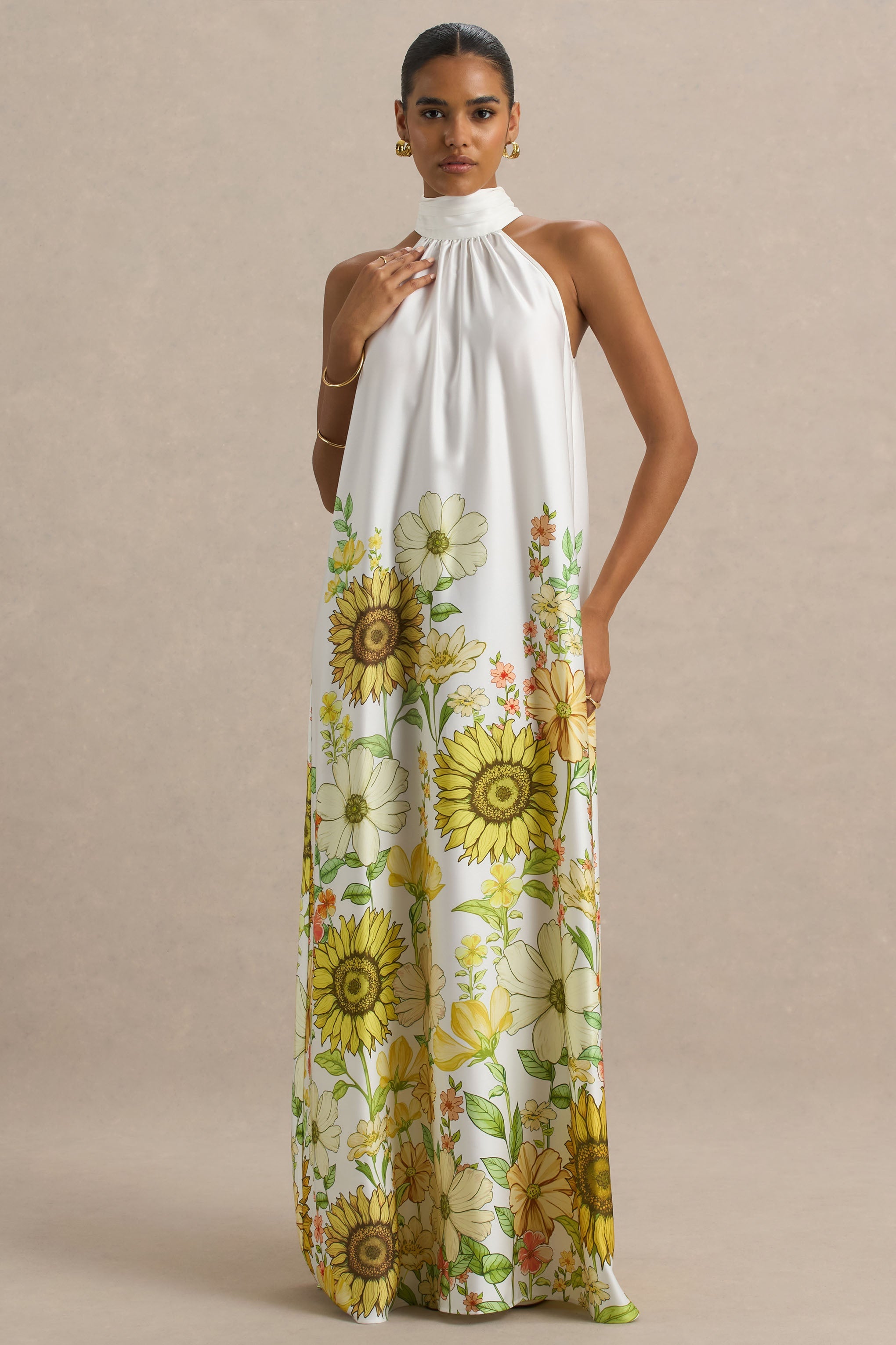 Glide | Sunflower Print Satin High-Neck Slip Maxi Dress