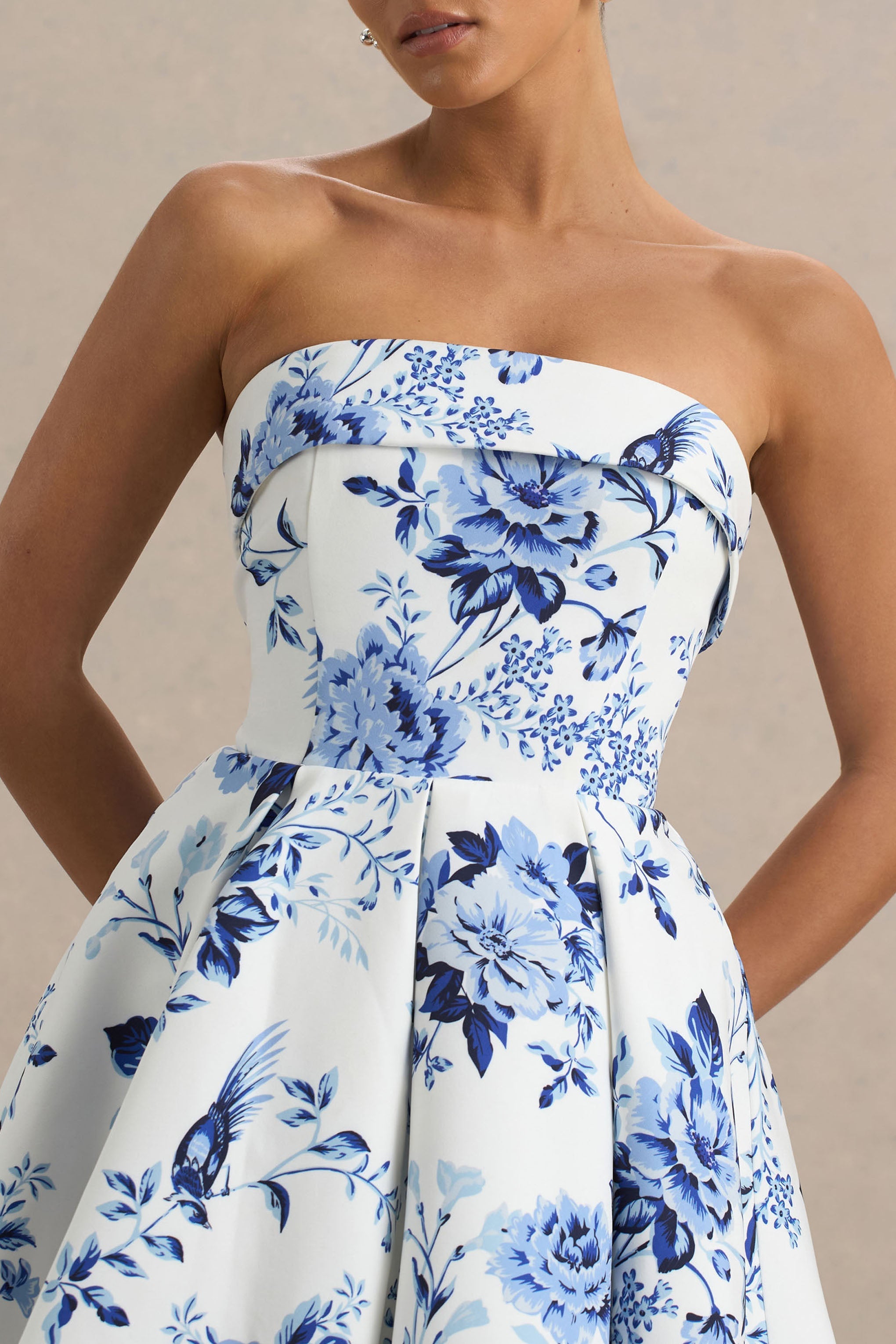 Fiorenza | Blue Porcelain Print Bandeau Mini Dress With Volume Skirt